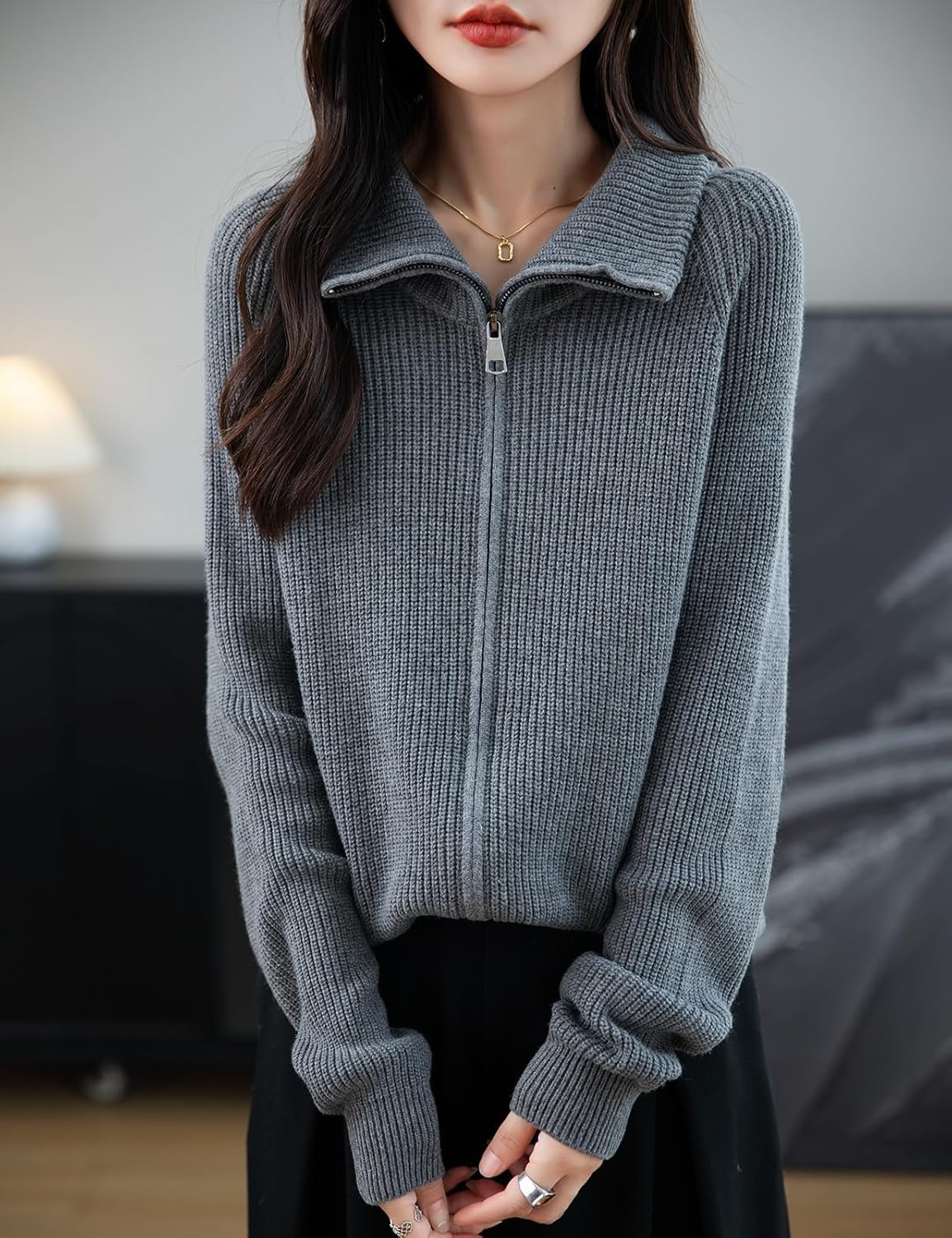 Women's Merino Wool Blend Cardigan 2025 Fall Winter Zipper Sweatshirt Rib Long Sleeve Lapel Knit Cardigan Sweater - Image 5
