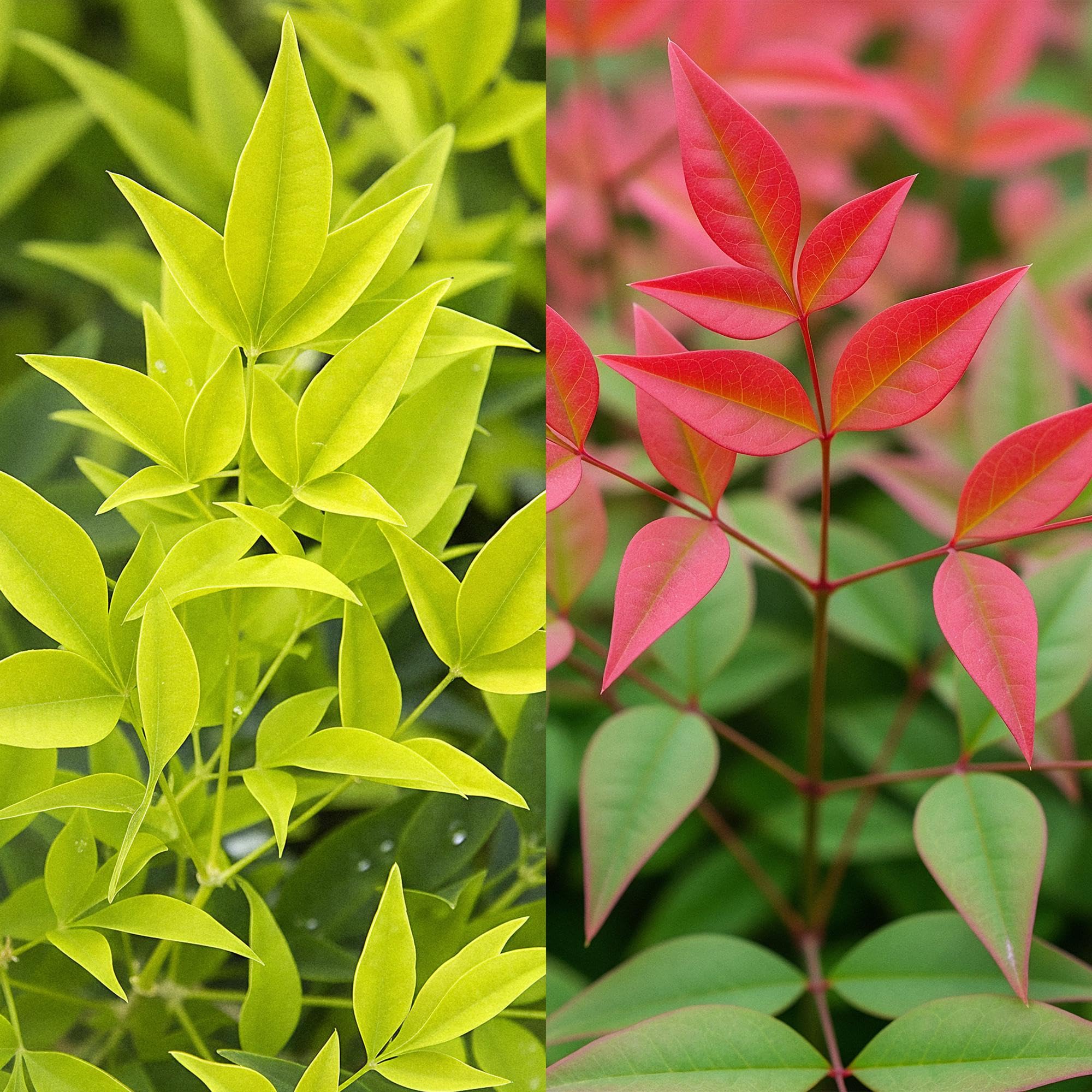 Bambus Nandina Duo – żółty i czerwony – 2 rośliny – wiecznie zielony – łatwy w pielęgnacji – 17 cm, wysokość 45 cm