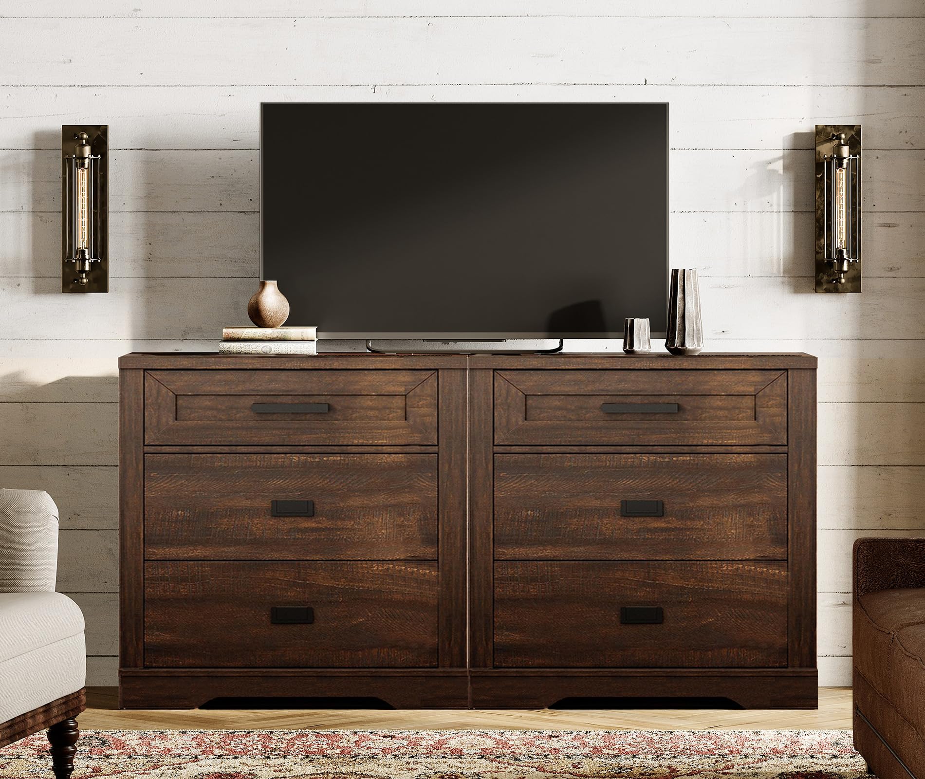 dark brown dresser set Traditional 6 Pc Bedroom Set with Tufted Upholstered Panel Bed
