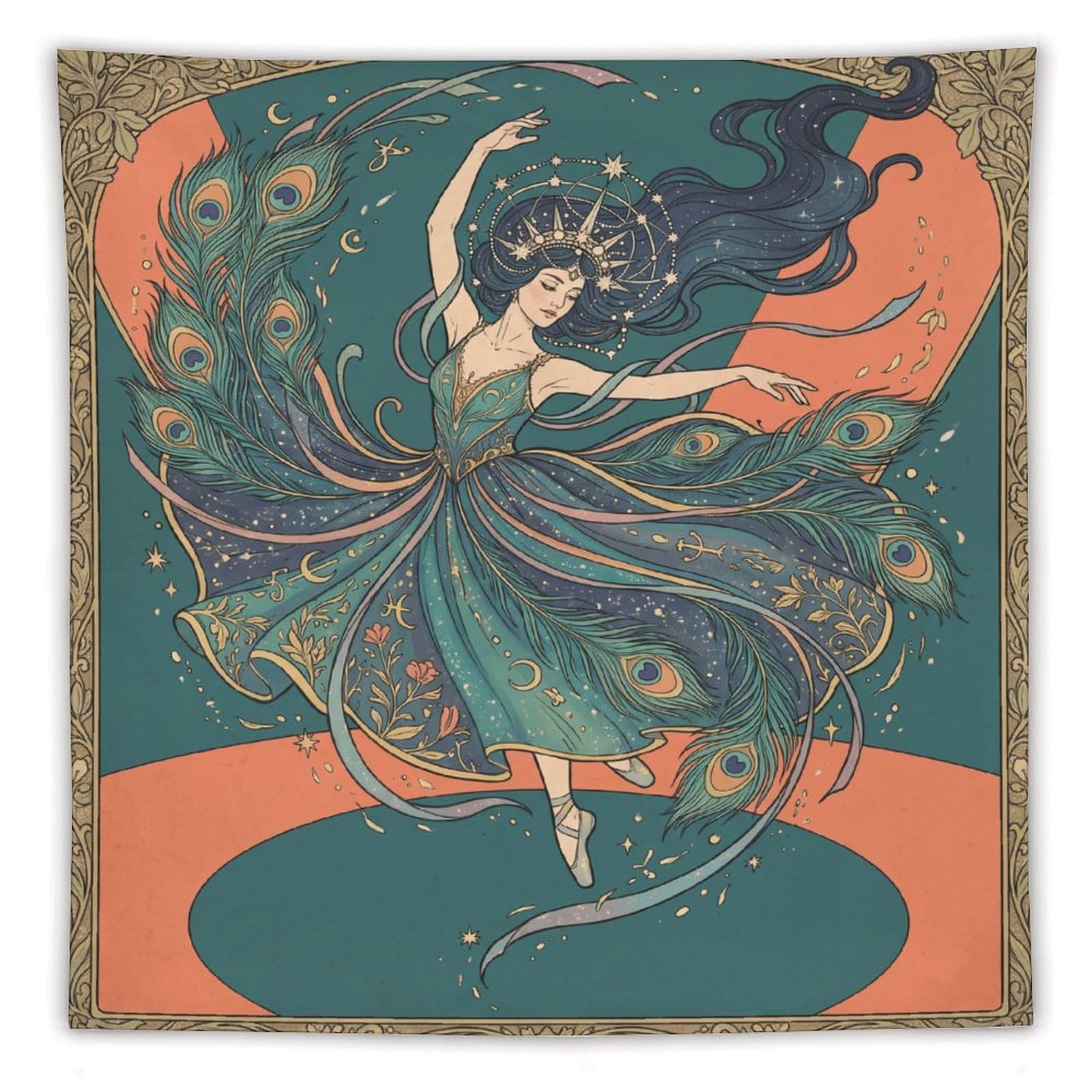 H3B8U2Y5 Peacock Dancer Art Nouveau Wall Tapestry, Symbolist Art, Bedroom