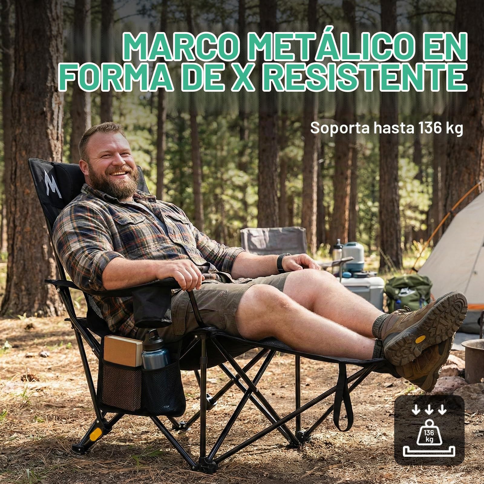 OVERMONT Silla de Camping Plegable - 2 en 1 con Reposapiés, Respaldo Ajustable 4 Posiciones - Silla Reclinable hasta 136 kg, con Reposacabezas y Bolsa - para Camping, Playa, Jardín y Pesca