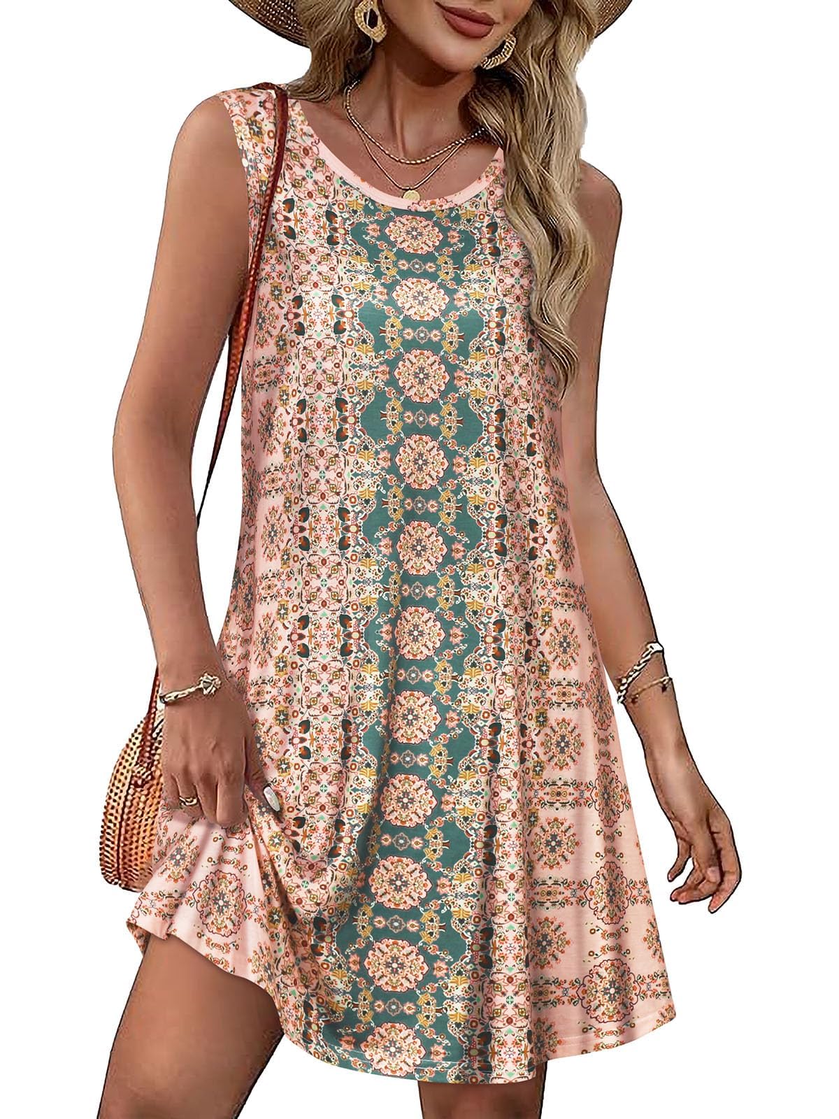 Summer Dresses for Women Beach Boho Sleeveless Vintage Floral Flowy Pocket Tshirt Tank Sundresses