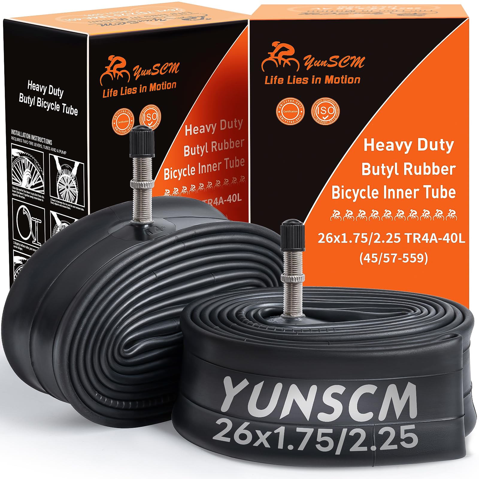 YunSCM 2PCS 26" Heavy Duty Bike Inner Tubes 26x1.75 26x1.95 26x2.10 26x2.125 26x2.25 45/57-559 Bicycle Tubes TR4A-40mm Valve Compatible with 26x1.75/1.95/2.0/2.10/2.125/2.25 Road MTB Bike Inner Tubes