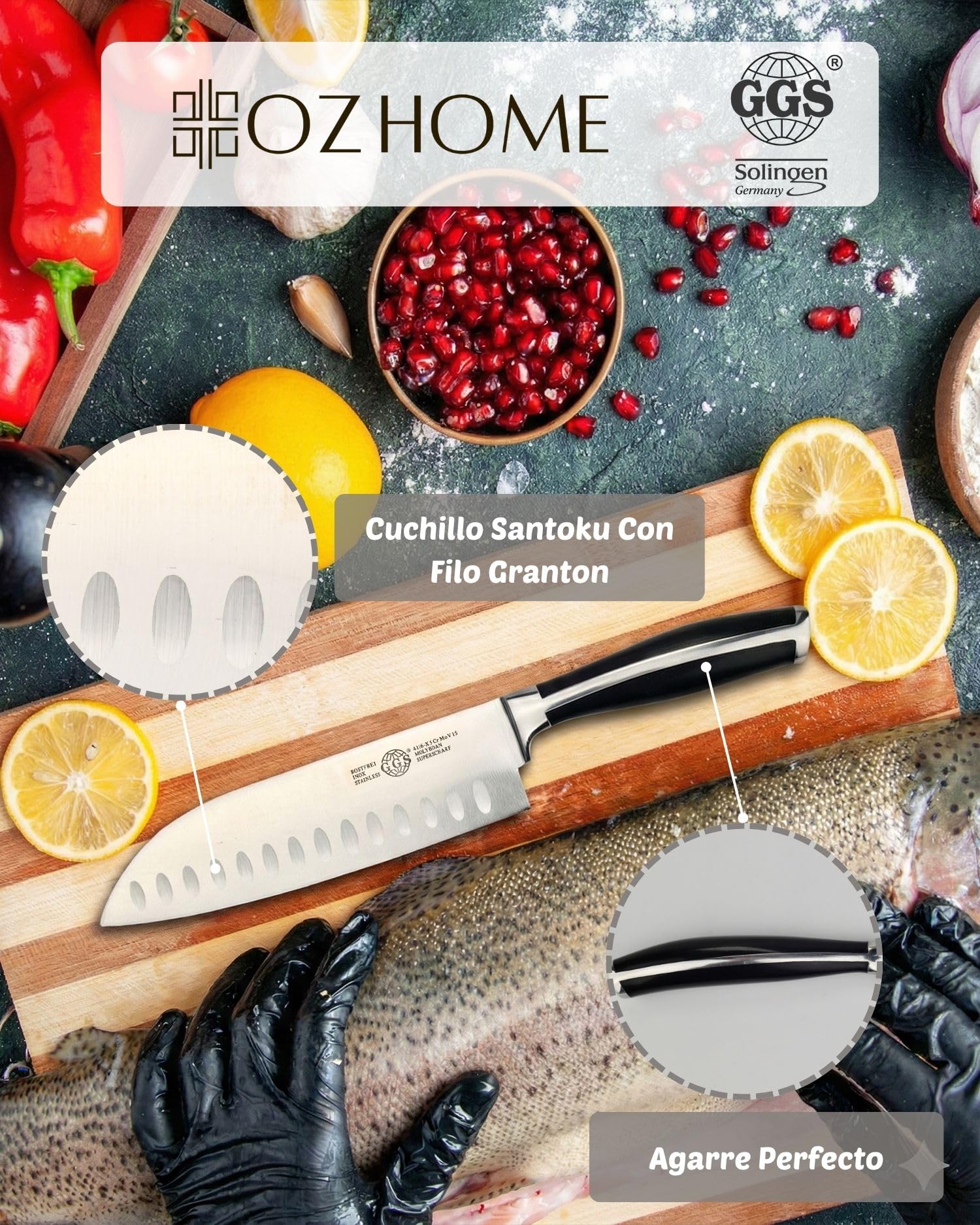 GGS Collection Home And Kitchen Juego De Cuchillos De Cocina Santoku 4 Piezas Con Bloque,Cuchillos Cocina De Utensilios De Cocina Acero Inoxidable Templado Especial,Solingen Standard,Accesorios Cocina