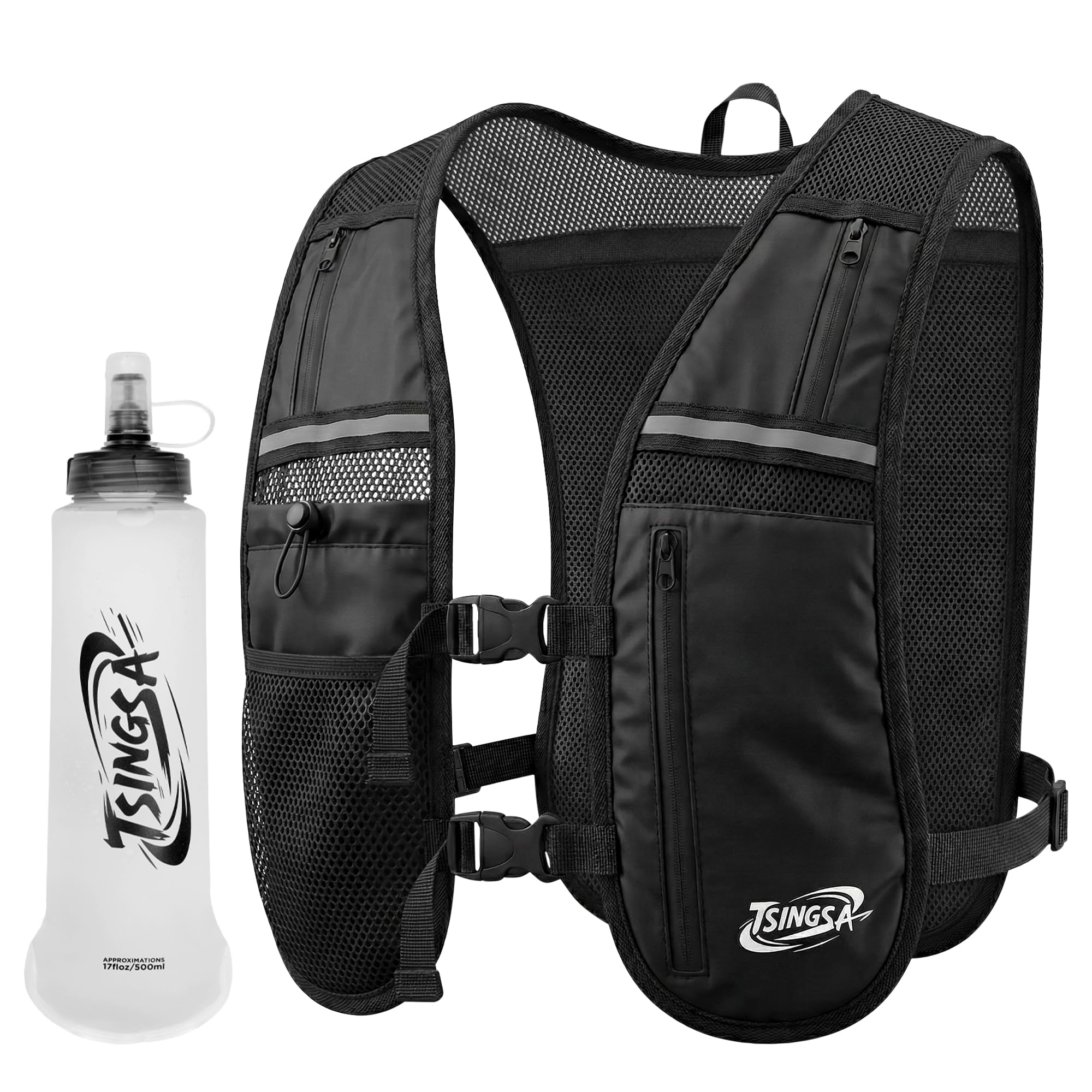 TSINGSA Laufweste Damen und Herren, Leicht&Atmungsaktiv Trinkweste, Verstellbarer Brustgurt Großvolumige Taschen, Laufrucksack mit 500ml Trinkflasche für Joggen Wandern Bergsteigen Radfahren Marathon