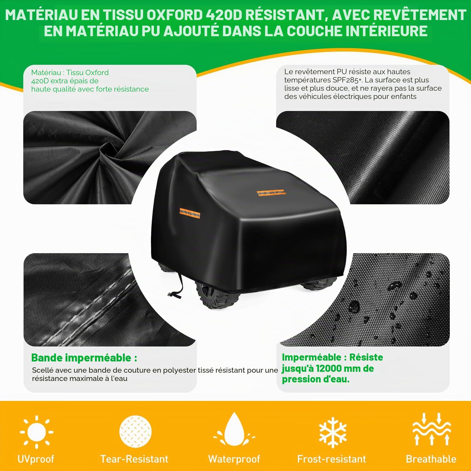 Housse de voiture en tissu Oxford 420D robuste Grande protection imperméable et anti-UV 3 bandes réfléchissantes, boucles