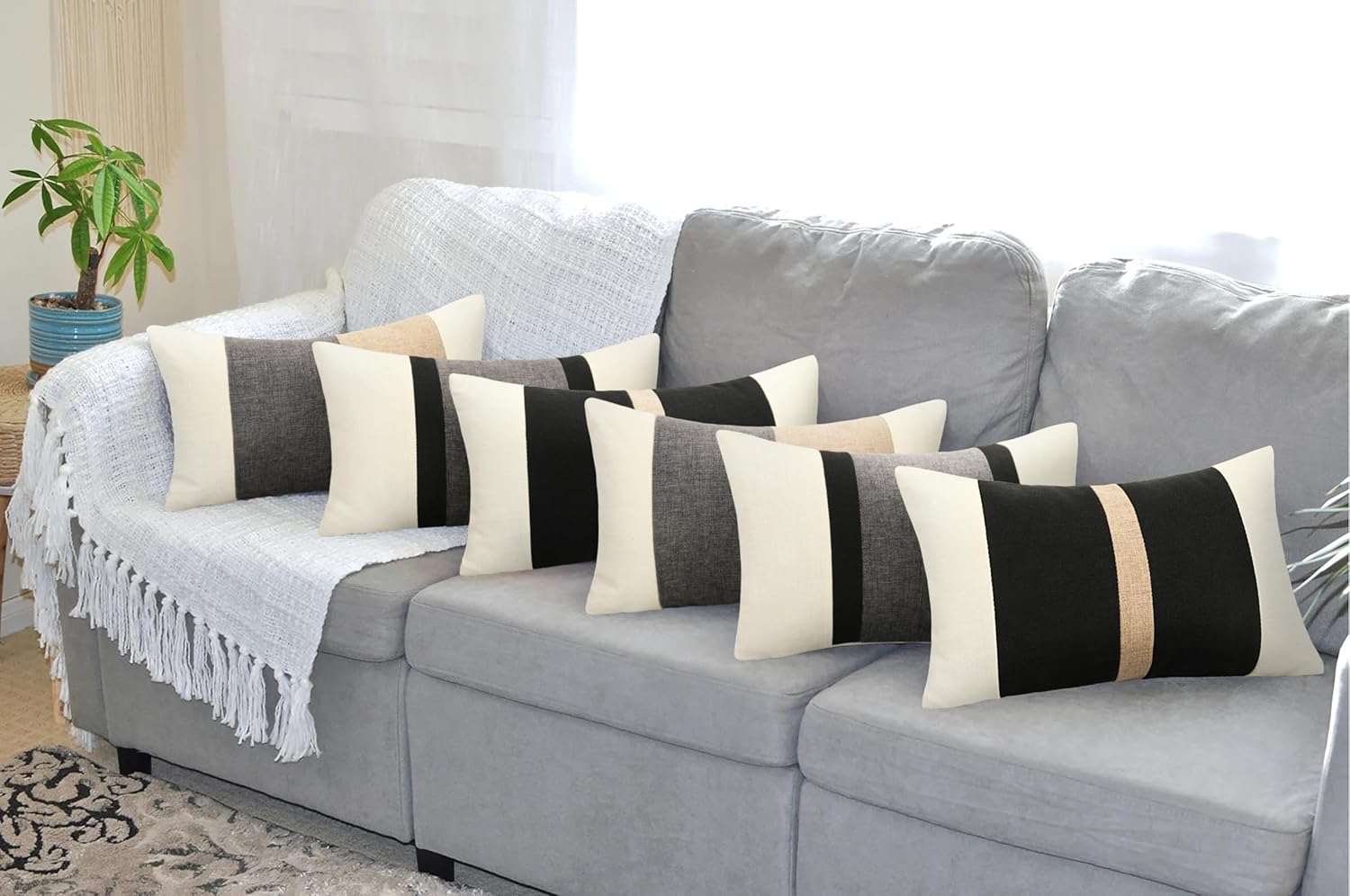 Pyonic Pack of 2 Boho Throw Pillow Covers Farmhouse Decorative Lumbar Pillowcases for Couch Sofa Living Room Outdoor Decor,Cream White and Grey,12 x 20 Inch - Image 8