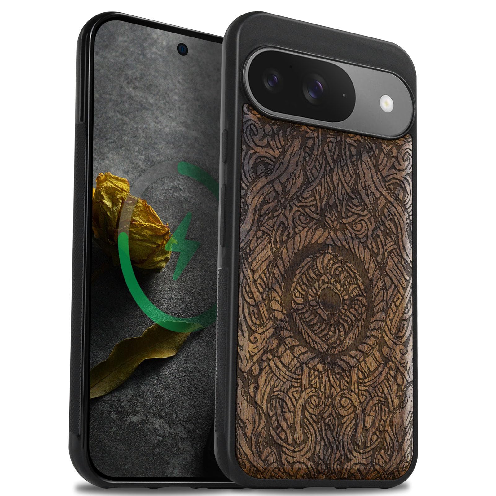 Carveit Magnetic Wooden Case for Google Pixel 9 Case, Wood Artisan Engraved & Soft TPU Shockproof Cover, Compatible with MagSafe Wireless Chargers (