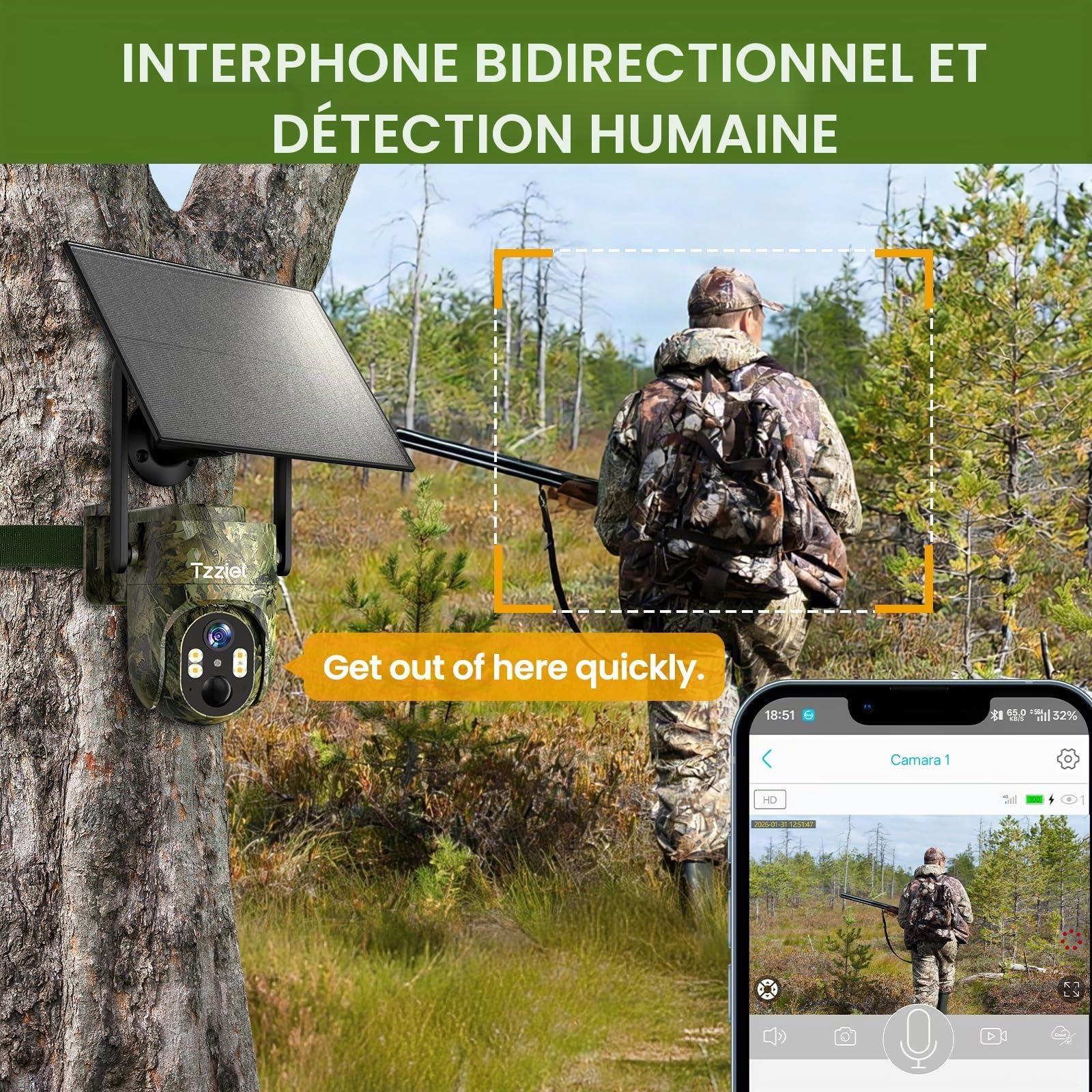 4G caméra de sécurité extérieure sans Fil à énergie Solaire,2K Solaire PTZ 4G avec Carte SIM（sans WiFi）, Détection Humaine PIR, Batterie 10400 mAh, Cloud TF, Audio Bidirectionnel, Etanche IP66