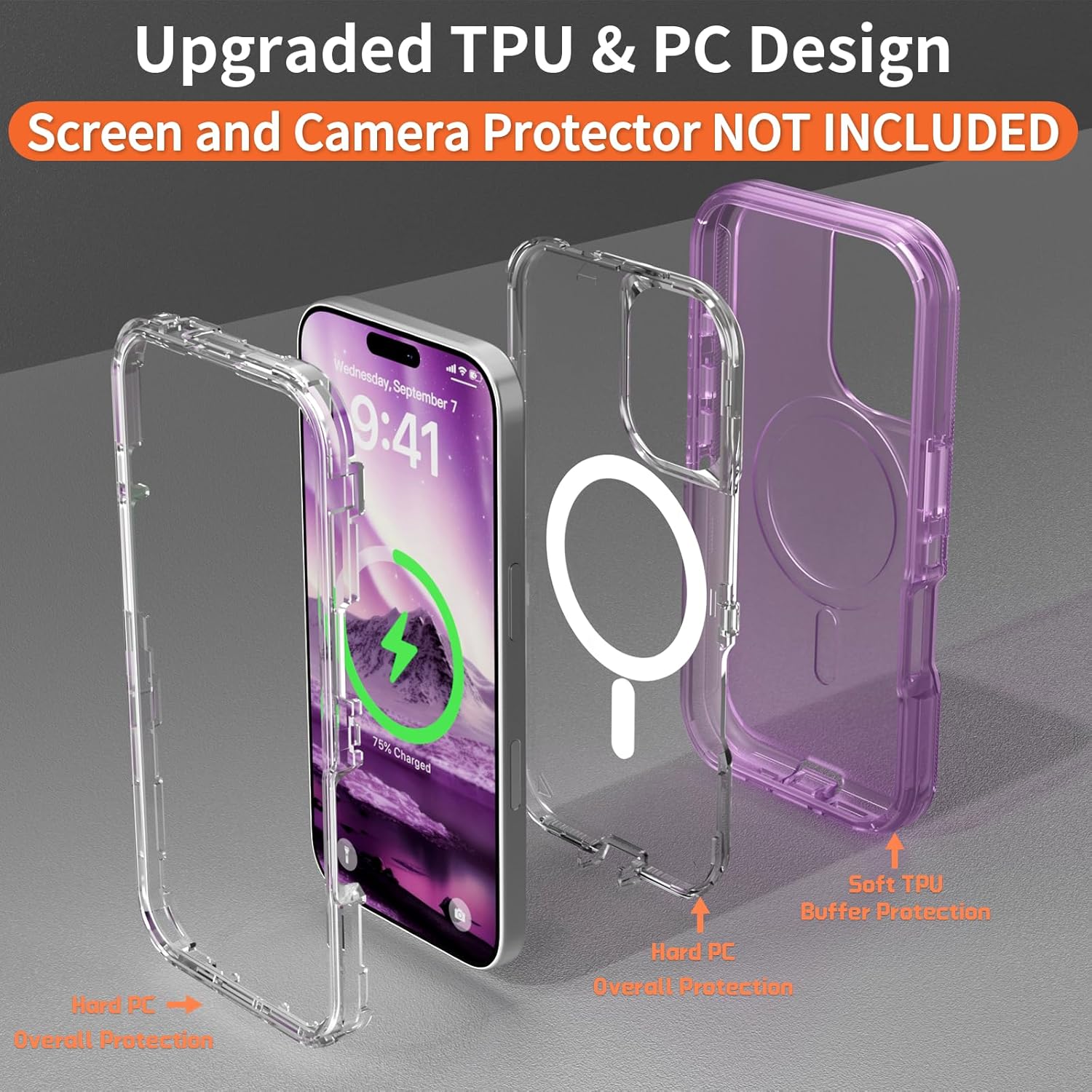 for iPhone 16 Plus Case, Compatible with MagSafe, Heavy Duty Shockproof Protection Phone Cases, Anti-Drop, Dual Layer Transparent Magnetic Phone Case for iPhone 16 Plus, 6.7'', Purple - Image 6