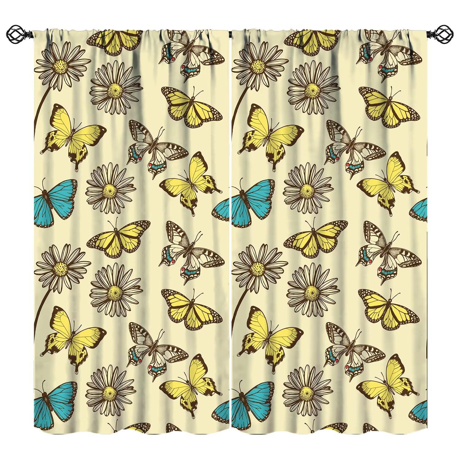 JESTRONRY Spring Butterfly Curtains, Yellow Blue Butterflies Daisy Floral Print Pattern Thermal Insulated Curtains for Bedroom Living Room Window Curtains 52" W X 84" L (Blackout)