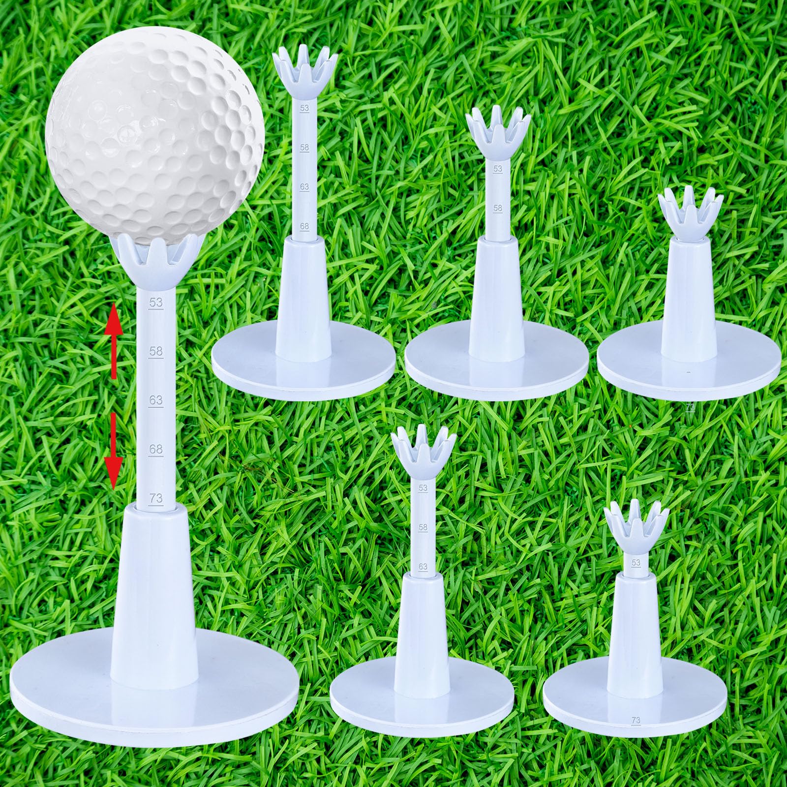 JellyArch 6 Pieces Adjustable Golf Tees Set for Driving Range Mats Simulator 2.1-2.9 Inches Height Range Tees Rubber Plastic Unbreakable Golf Accessories for Indoor Outdoors, White