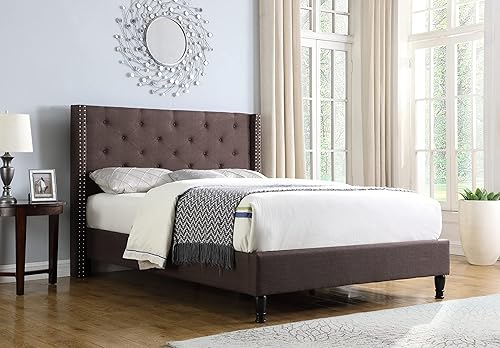 Miniatura 25 de Base de cama de plataforma tapizada completa con cabecero de 51 pulgadas de alto, cama de tela copetuda con botones, soporte de listones de madera