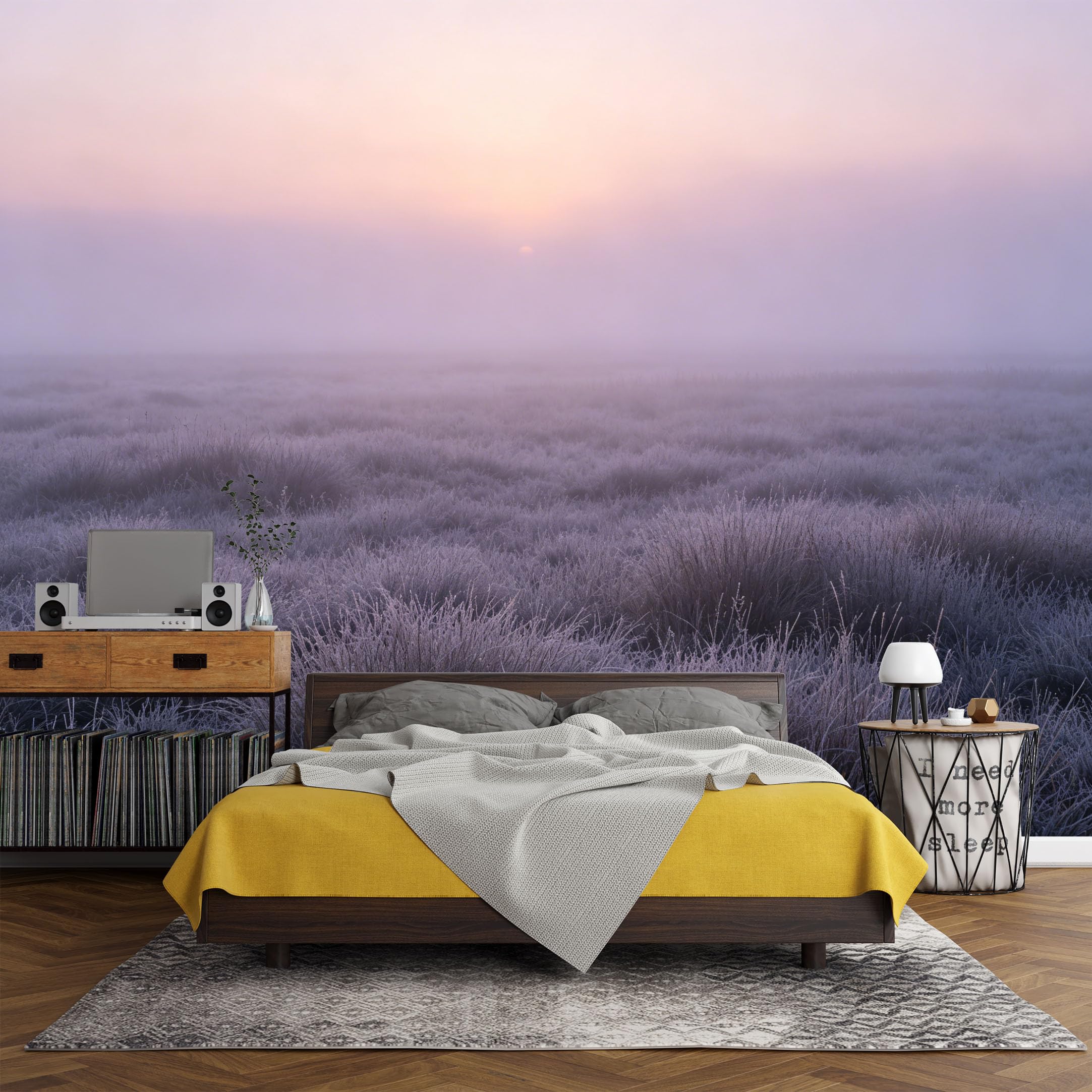 Custom Size Wall Mural， Landscape Frosty Meadow Sunrise Mist Pastel Horizon Nature Scenery，SelfAdhesive Art Prints wall Fabric (No PVC) Removable Wallpaper Living Room Decor