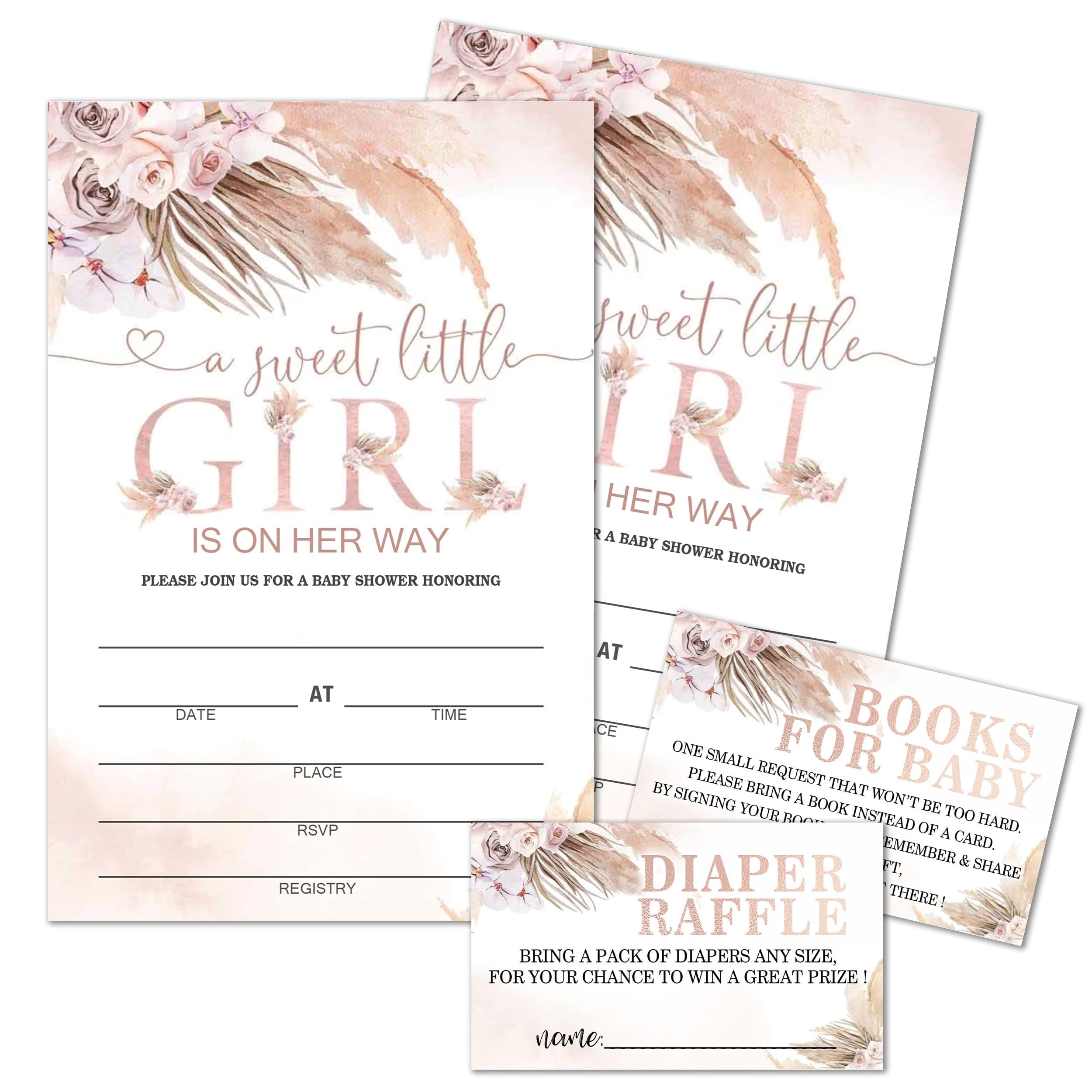 Moonle Baby Shower Invitations with Envelopes for boy, Diaper Raffle Tickets and Baby Shower Book Request Cards, a little girl Pink Pampas Grass Boho