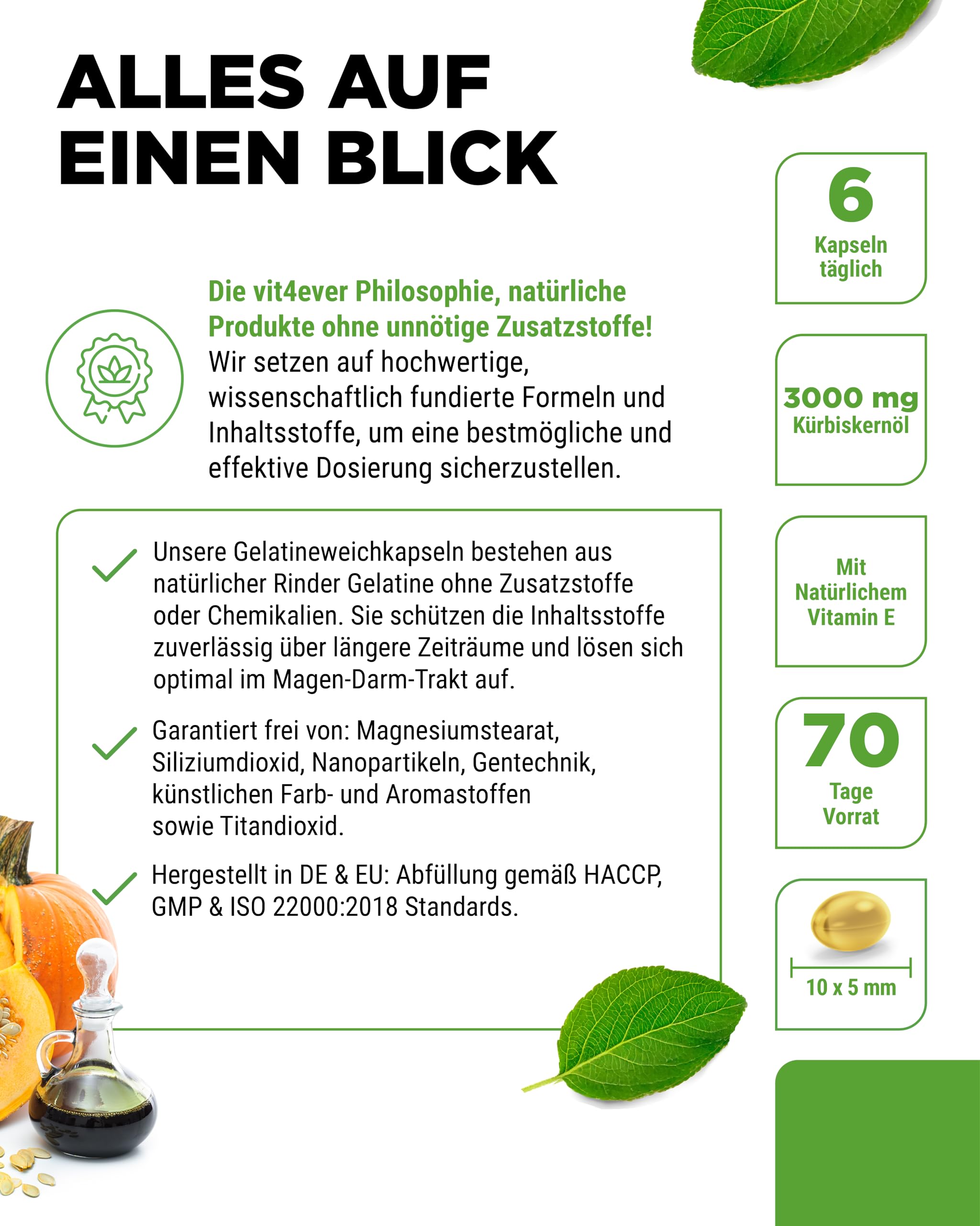 vit4ever Kürbiskernöl - 420 Kapseln - 3000 mg pro Tagesportion - Mit natürlichem Vitamin E - Hochdosiert - Naturbelassen & kaltgepresst - Laborgeprüft