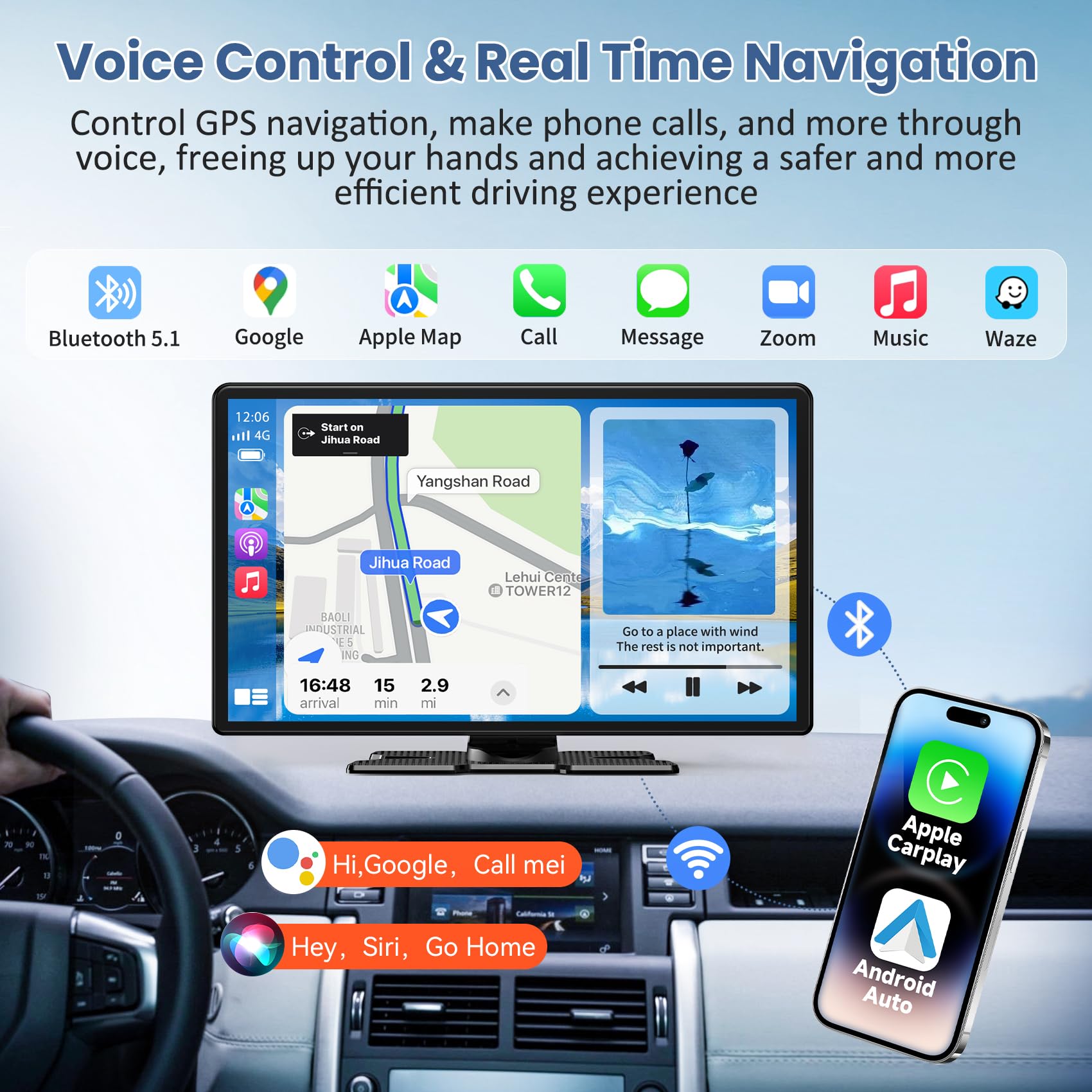 Largest 11.3" Portable Apple Carplay Screen, Wireless Car Play & Android Auto Touch Screen, Car Stereo with App View/4K Dash Cam/Backup Camera/Mirror Link/Voice Control/Music Play/GPS/Bluetooth/FM — view 5