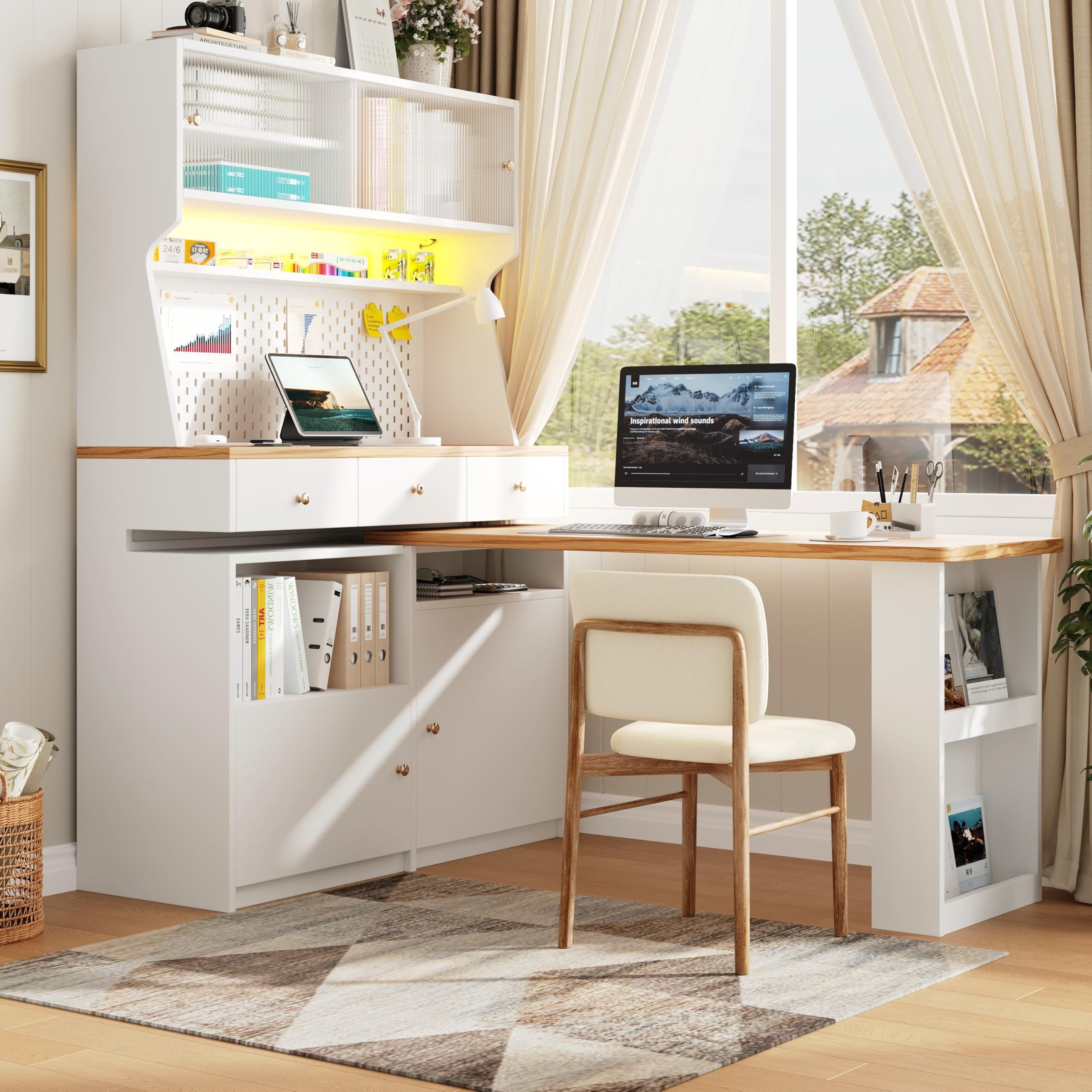 Küchenschrank (137 * 45 * 178 cm), Hohes Küchenbuffet, Mehrzweckbuffet, Snackschrank, Tischschrank, Schreibtisch, Aufbewahrungsschrank mit Zwei Türen und DREI Schubladen, Weiß