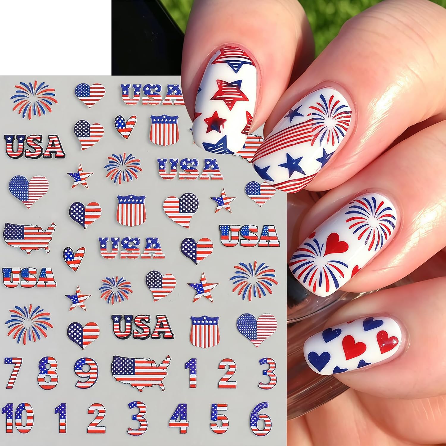 6 Sheets 4th of July Nail Stickers for Nail Art Independence Day Nail Art Stickers USA Flag Fireworks Letters Numbers Sticker Nail Designs Star Cherry Flag Heart Nails Decoration Accessories for Women