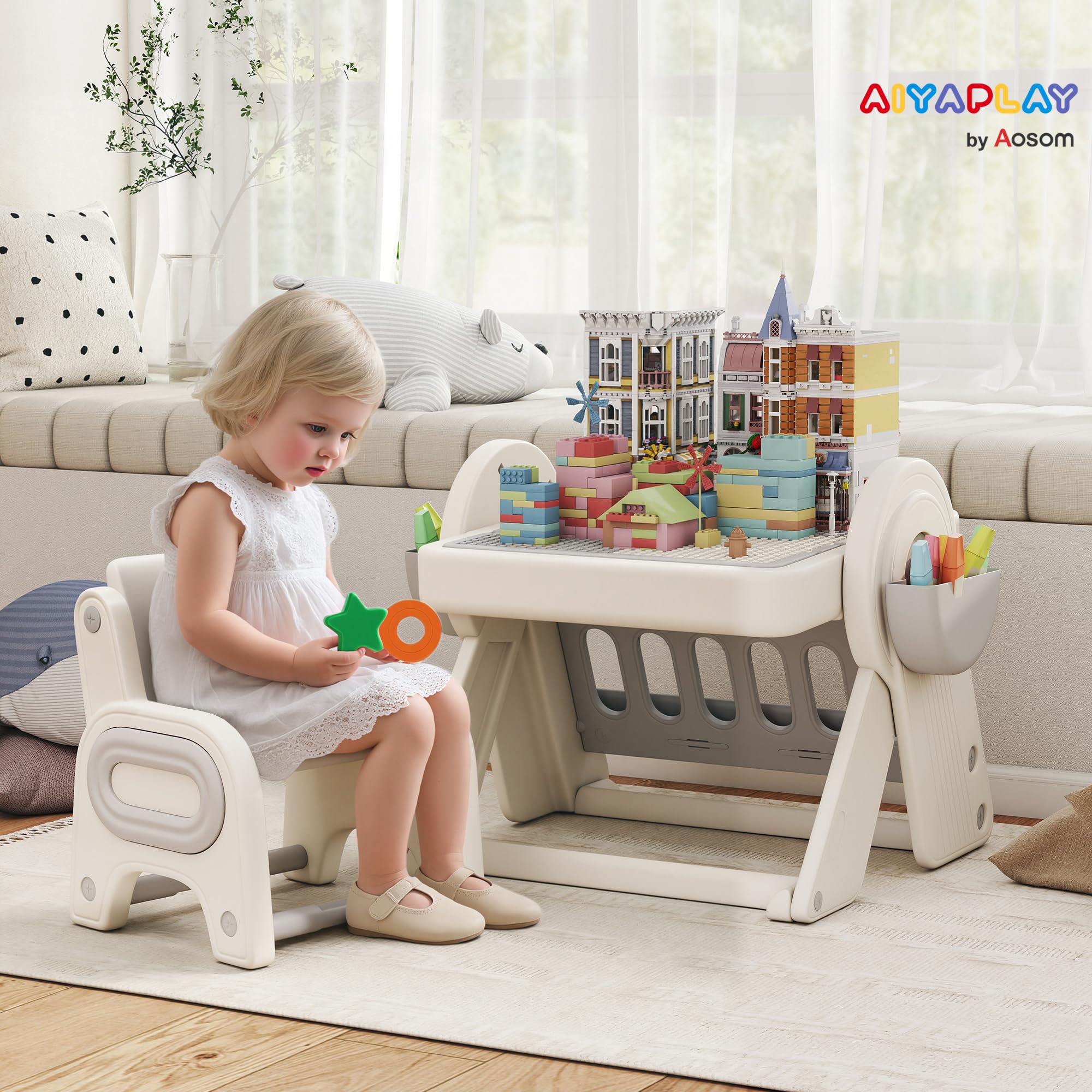 AIYAPLAY Set Tavolo e Sedia Bambini 3 in 1 con Tavolo da Costruzione | Lavagna, Cavalletto Convertibile, Contenitori, Tavolino Multiattività con Sedia in Plastica, 2-4 Anni, Cameretta