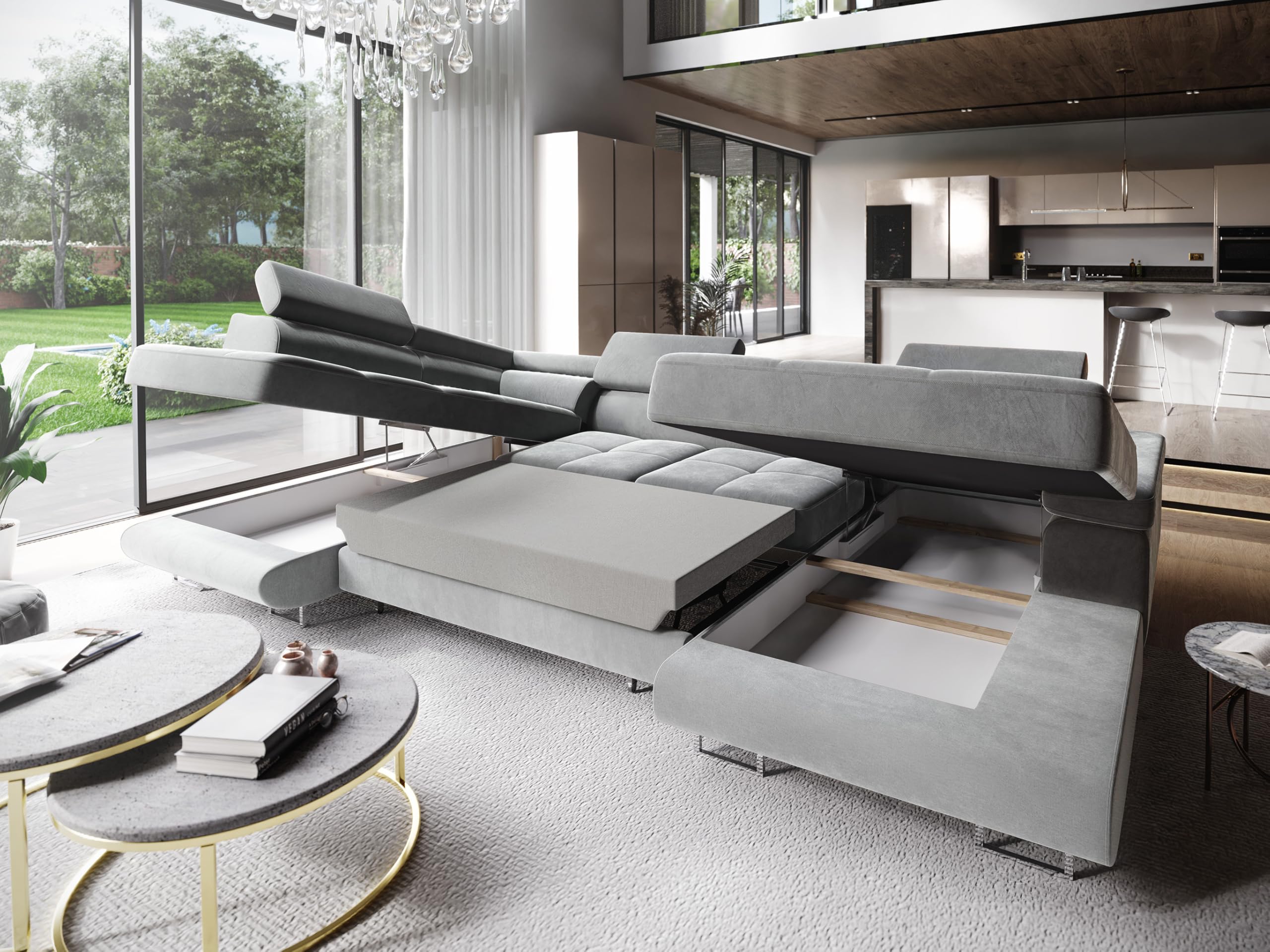 Masseno Ecksofa CASONE L-S mit Schlaffunktion U-Form, Sofa mit Bettkasten, Wohnzimmersofa, Couch, Soffa, Bettsofa, Couchgarnitur- Grau, Monolith 85