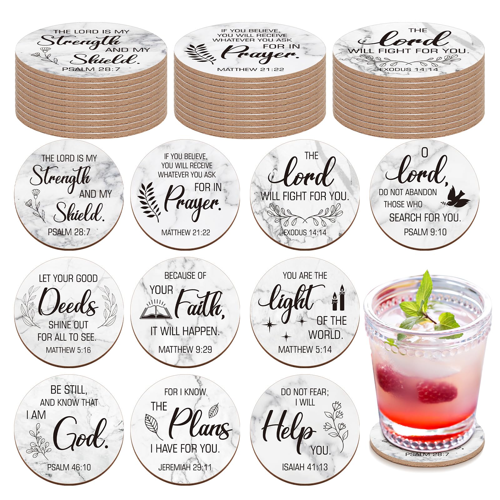 Hushee 50 Pcs Christian Church Coasters Gifts with Bible Verses 4" Christian Cork Drink Coasters Set Bulk for Adults Home Indoor Pastor Teacher Family Sunday Church Present (Marbling)