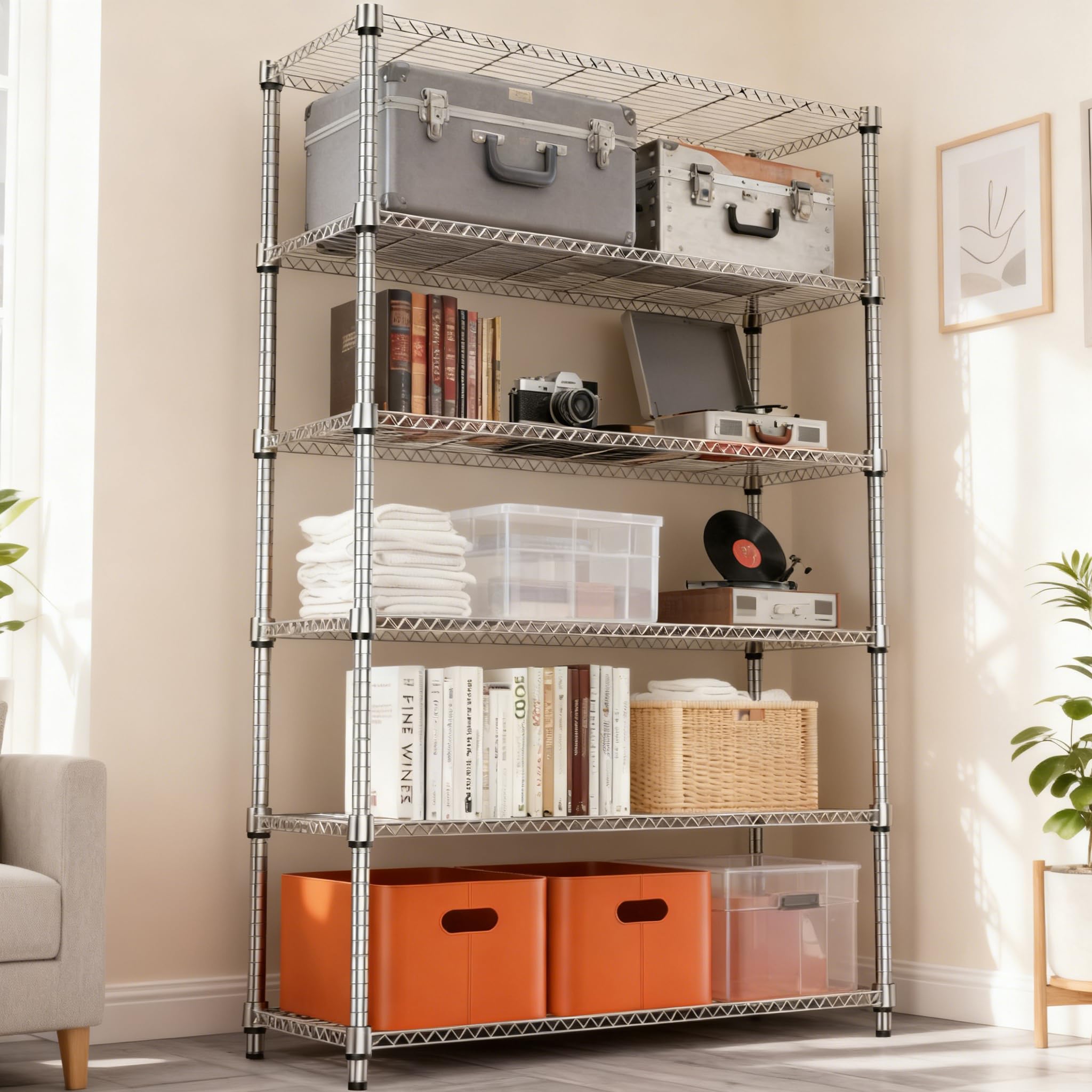 M MZG Scaffale a 6 ripiani, in metallo, per garage, cucina, bagno, lavanderia, portata massima 953,4 kg, cromato, 45 x 120 x 209,2 cm