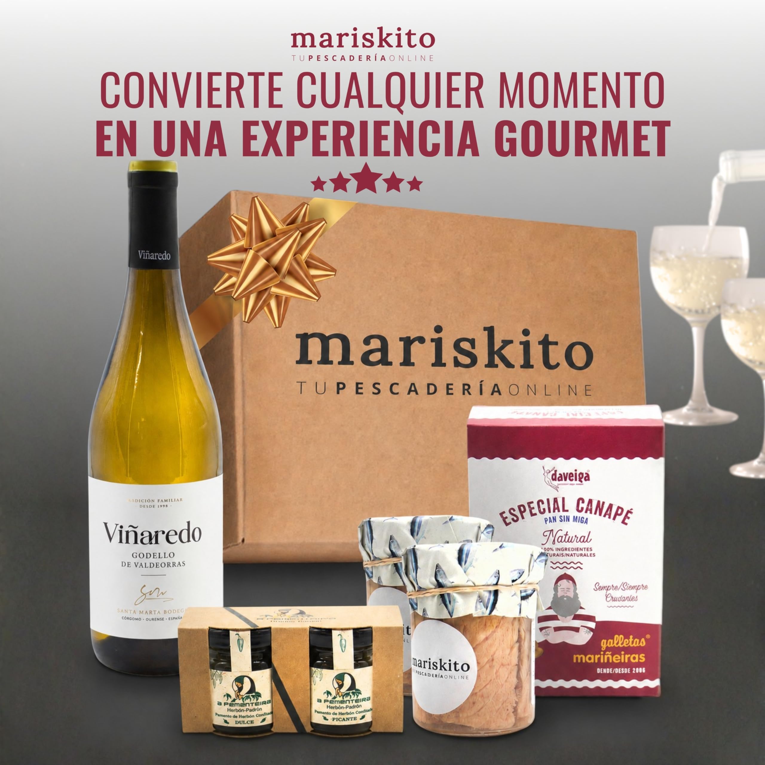 MARISKITO | Caja Regalo Gourmet con Vino Godello, 2 Tarros de Bonito, Mermelada de Pimiento y Mariñeiras – Pack Delicatessen Gallego para Regalar – Lote Gourmet para Navidad, Empresas y Celebraciones