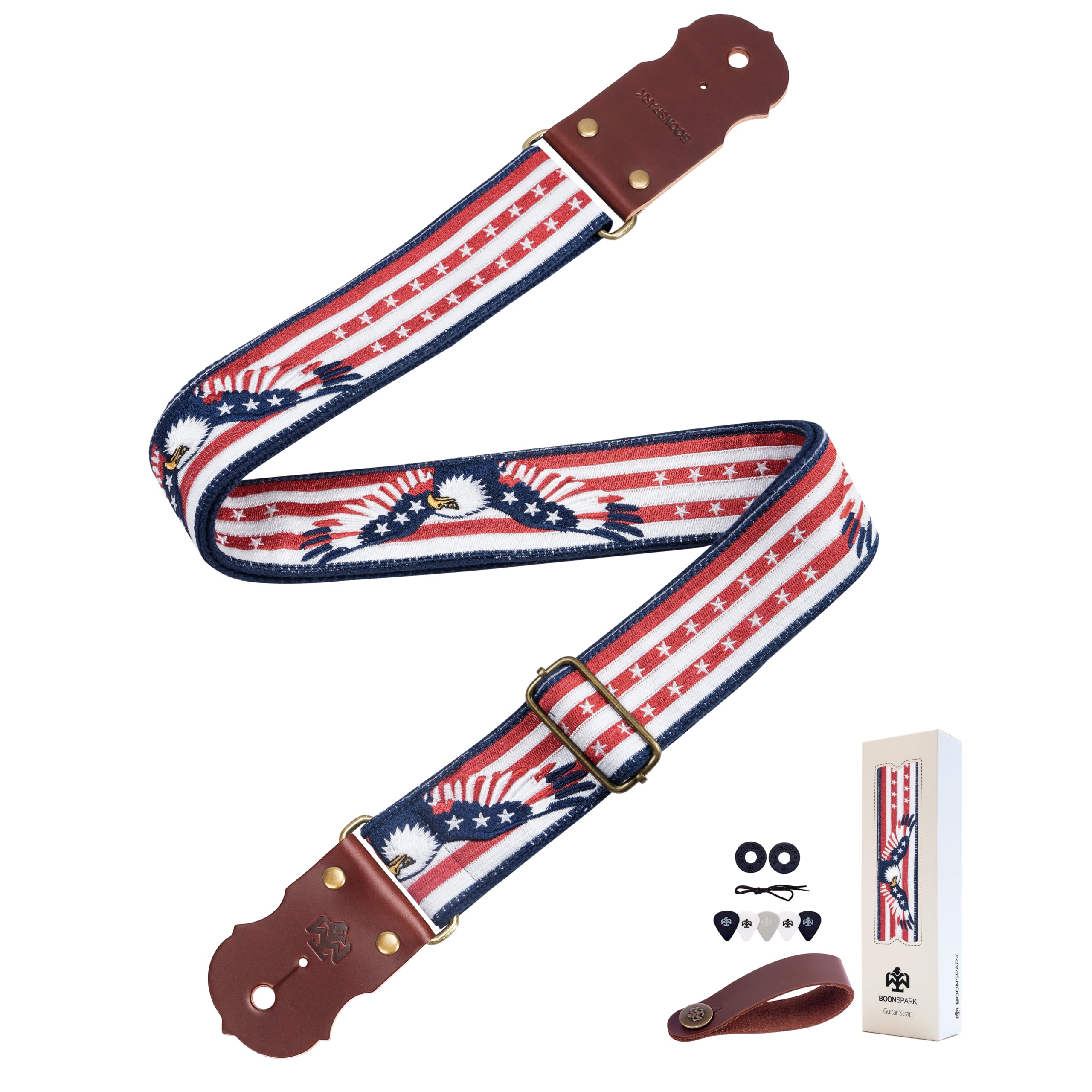 Eagle Guitar Strap - 2" Wide Thick Cowhide Ends,Safe Durable,Soft Eagles Embroidered Adjustable Guitar Straps for Acoustic,Bass &amp; Electric Guitars,Guitarists Gift Set