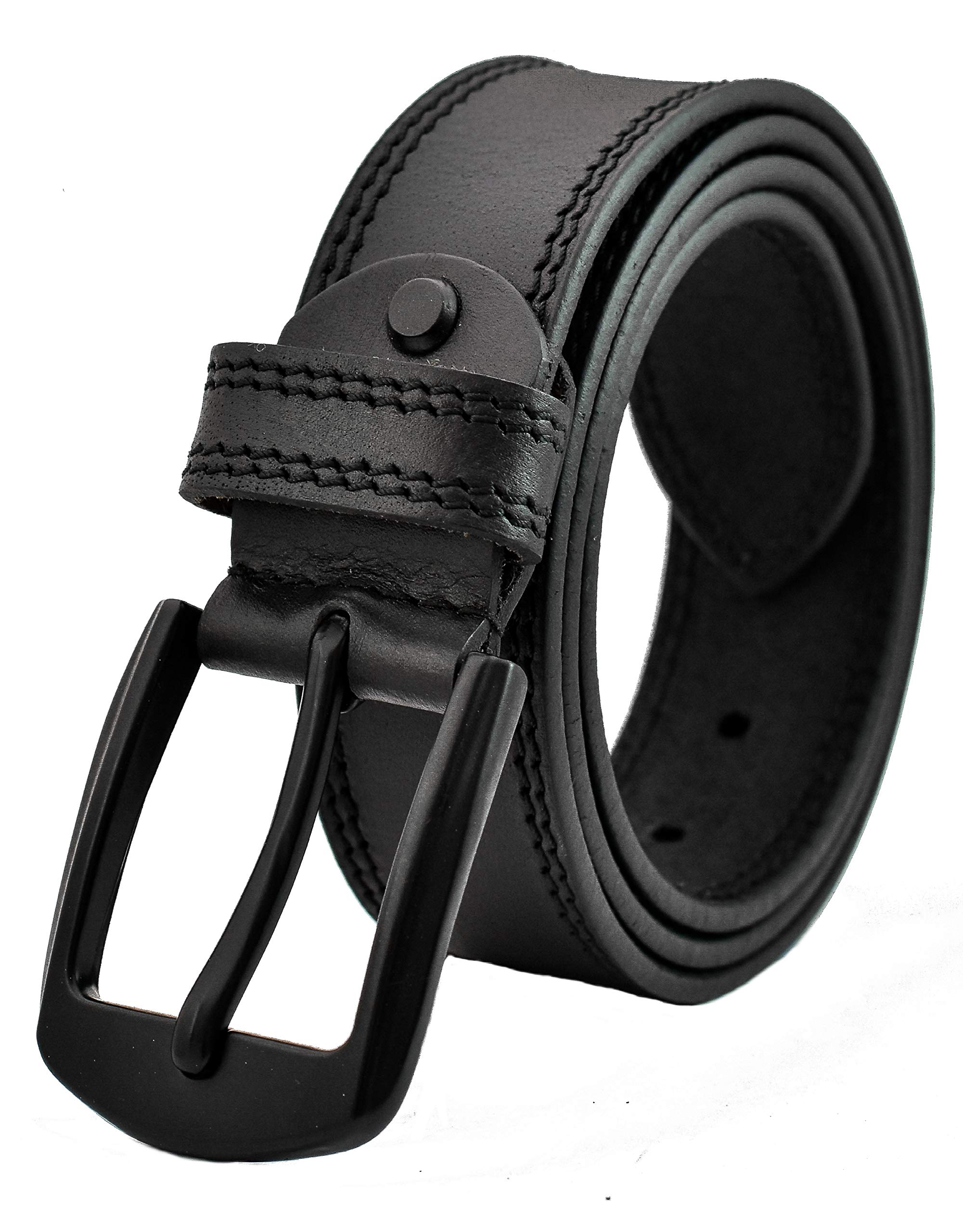 Men's Leather Belt Full Grain Genuine Thick Leather with Double Stitching - Mat Black Pin Buckle Great for Jeans, Casual, Formal, Work Wear (Waist Size In Inch (34-36), Black)