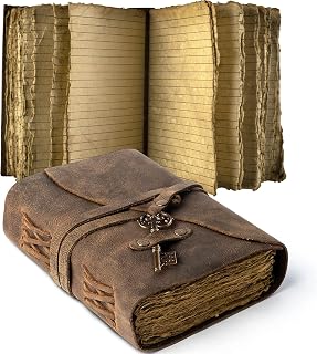 Handmade Vintage Leather Journal with Key - Lined Antique Deckle Edge Paper, Book of Shadows Sketchbook, Ideal Writing & Drawing Gift