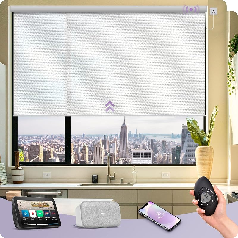 Motorized Roller Shades Compatible with Alexa Google Hardwired WiFi Smart Light Filtering Blind Remote Automated Blinds Electric Window Shade, Custom Size (1% Openness Solar White)