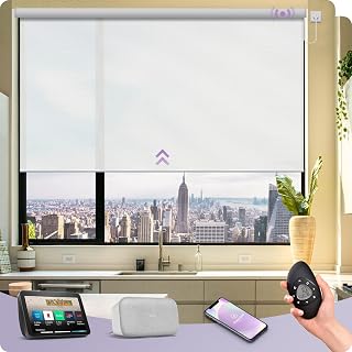 Motorized Roller Shades Compatible with Alexa Google Hardwired WiFi Smart Light Filtering Blind Remote Automated Blinds Electric Window Shade, Custom Size (1% Openness Solar White)
