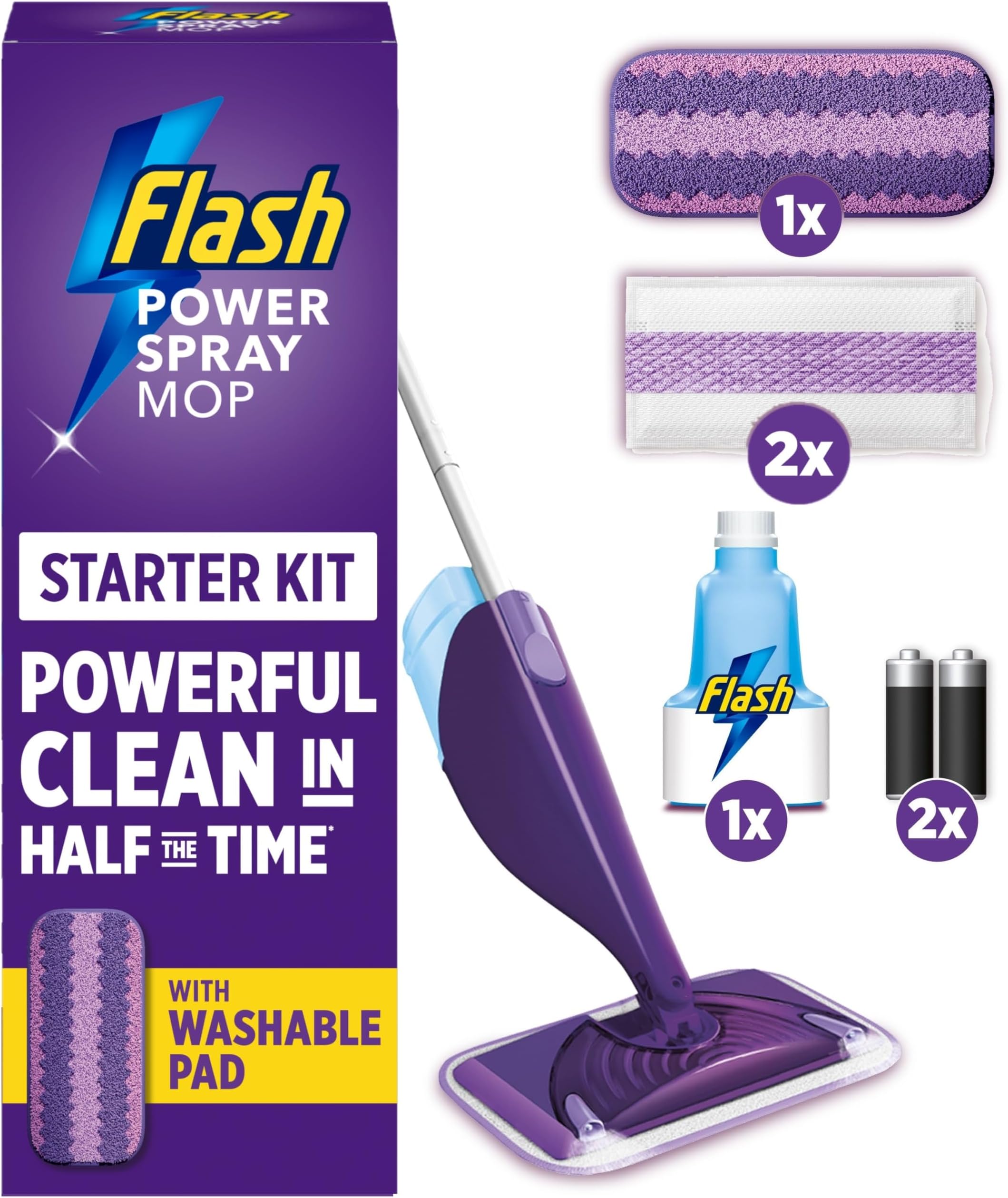 Flash Power Spray Mop Floor Cleaner Kit (1 Washable + 2 Disposable Pads).