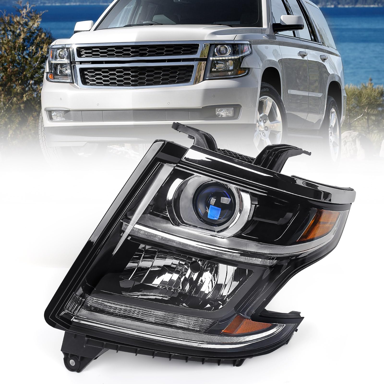 FIONE Headlight Compatible with Chevy Tahoe/Suburban 2015-2020 DRL Halogen Headlamp NOT HID Black Housing Left Driver Side LH W/O Bulbs