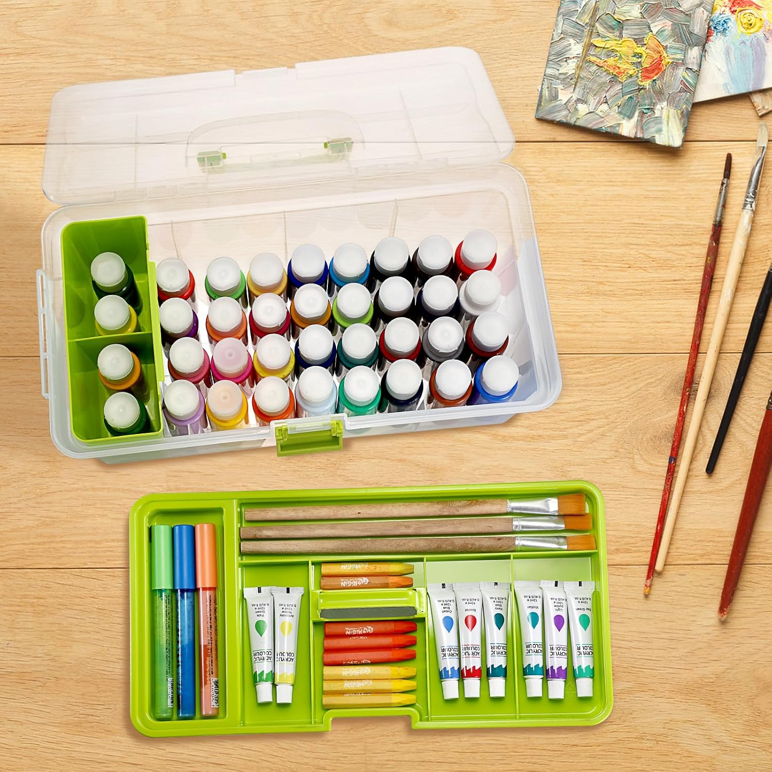 Plastic Paint Storage Box, Craft Paint Organizer with Divided Tray and Cleaning Slot, Pigment Storage Bin for 36 Bottles 2 fl. oz Acrylic Paints, Craft Art Supply Box for Stationery(Green)