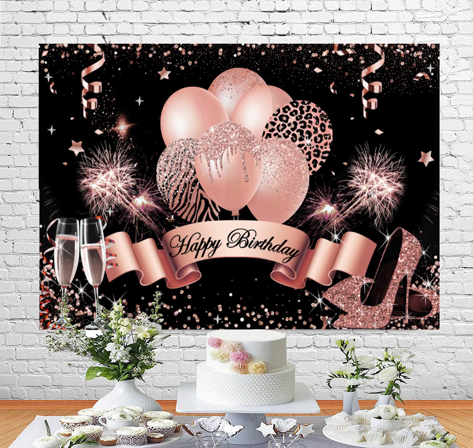 InMemory Rose Gold Geburtstag Hintergrund für Frauen Mädchen Happy Birthday Fotografie Hintergrund Glitzer Luftballons Champagner Heels Schwarz Gold Pailletten Dekoration für Prinzessin Bday Party