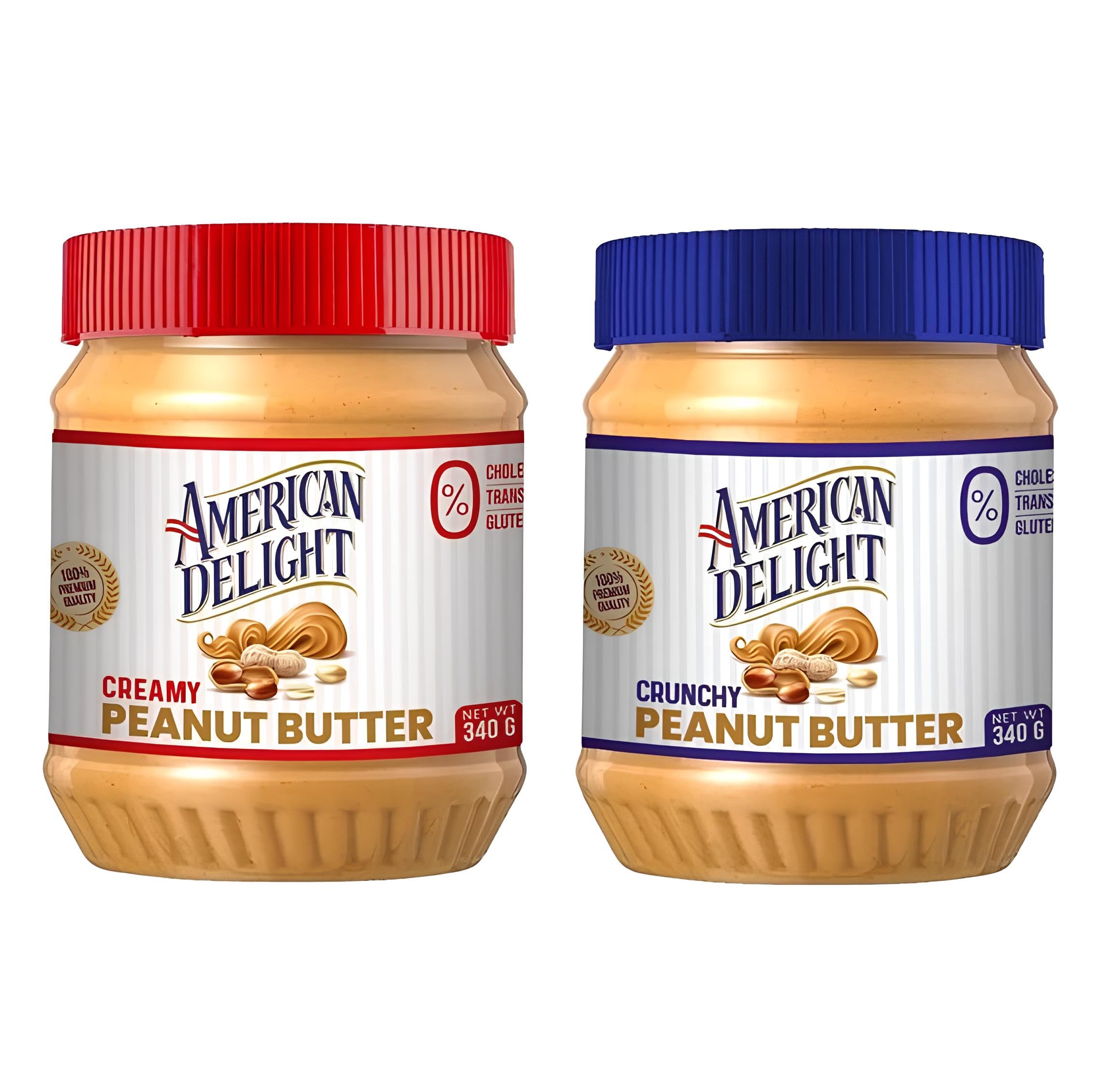 American Delight (Pack of 2) Peanut Butter (Creamy + Crunchy) | High Protein |Classic Premium Roasted Peanuts | Trans Fat Free | Fiber Rich Superfood | Easy to Spread Combo Pack (340gm + 340gm).