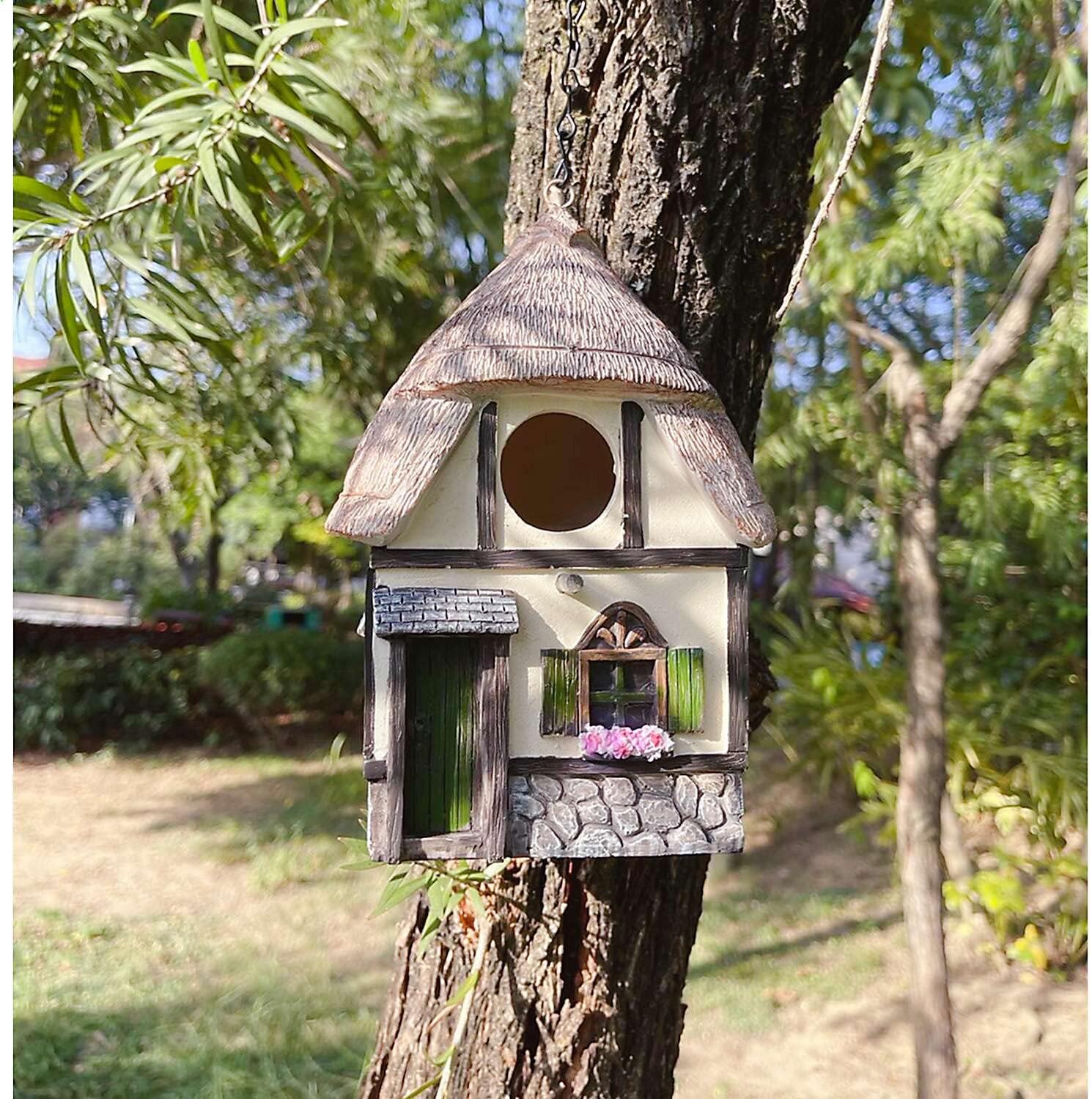 SUQEFANSUQEFAN Resin Hanging Bird Houses for Outside Clearance Prime,Birdhouses for Outdoors Clearance,Gifts for Bird Lovers,Garden Decor Decorations,Gardening Gifts for Men(Thatch Roof)