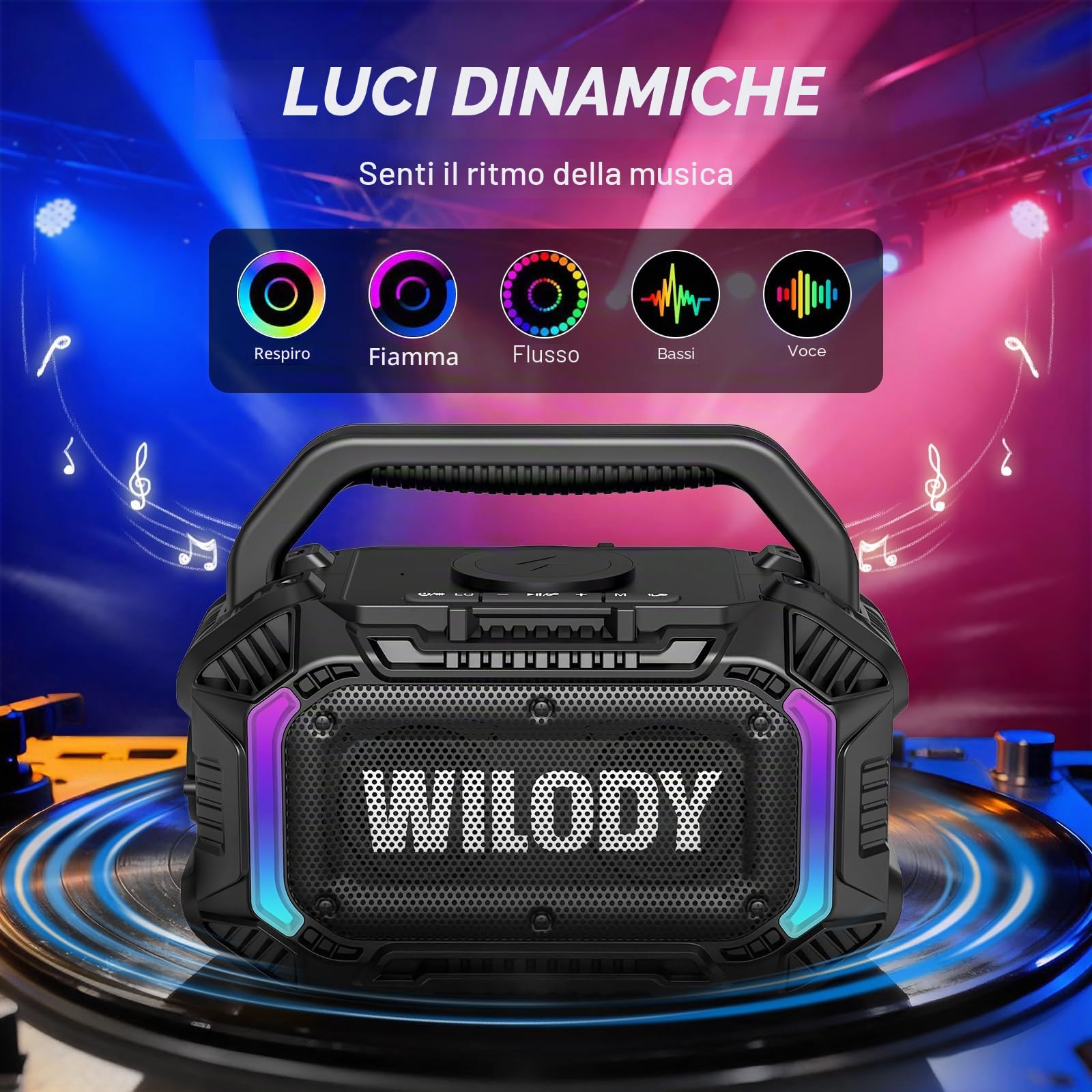 Wilody Altoparlante Bluetooth portatile wireless,cassa bluetooth portatile con bassi profondi da 100 W,potente IPX7,con ricarica wireless,20 ore di riproduzione,ingresso TF/AUX/USB,RGB,TWS,BT5.3,Nero