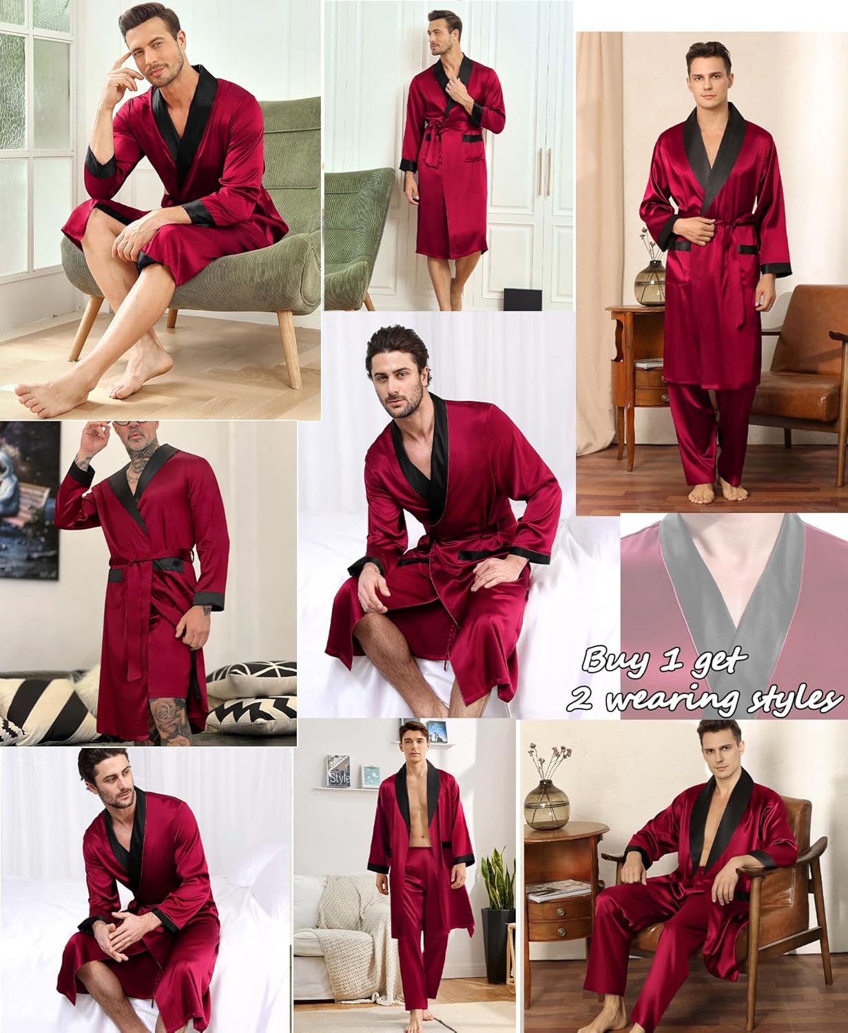 SWOMOG Men's 3 Pcs Robe Silk Satin Kimono Bathrobe with Shorts&Pants Set Lightweight Soft Sleepwear - Image 4