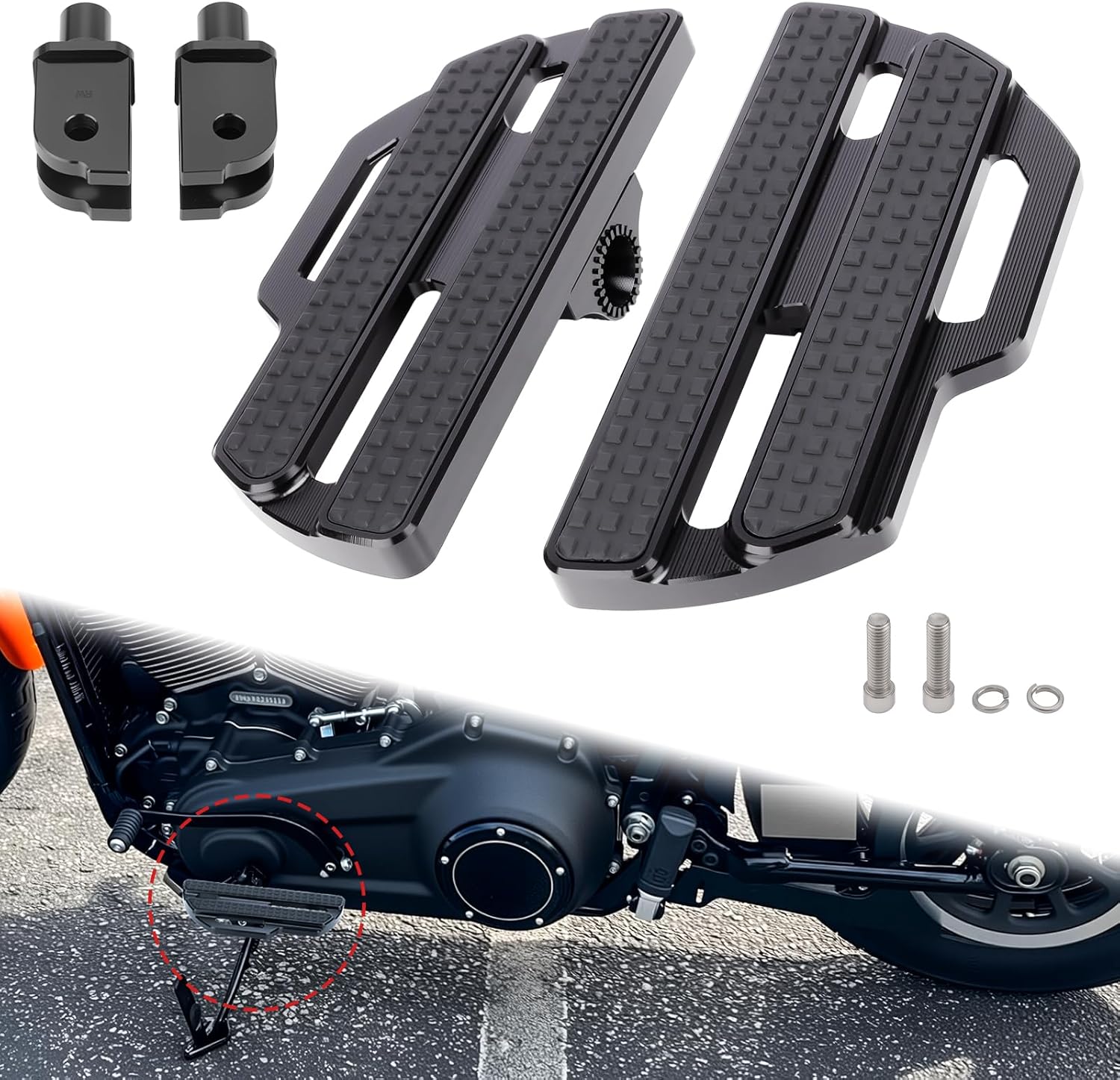 360° Adjustable Front Footboards for Harley Softail 2018-2024, Aluminum Alloy Rider Footrests with Non-Slip Platform, Ergonomic Fit, Weather Resistant, Bolt-On with Hardware (Black)