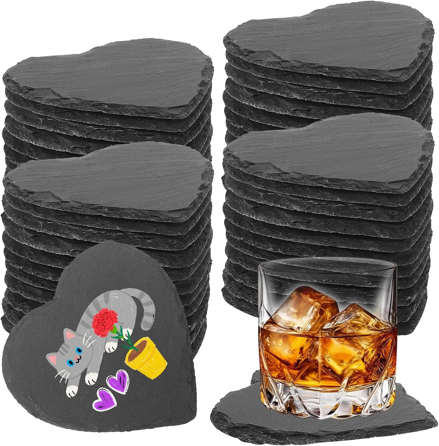 48 posavasos de pizarra a granel, posavasos de piedra de pizarra negra de 4 pulgadas para oficina, decoración del hogar, grabado láser en blanco con