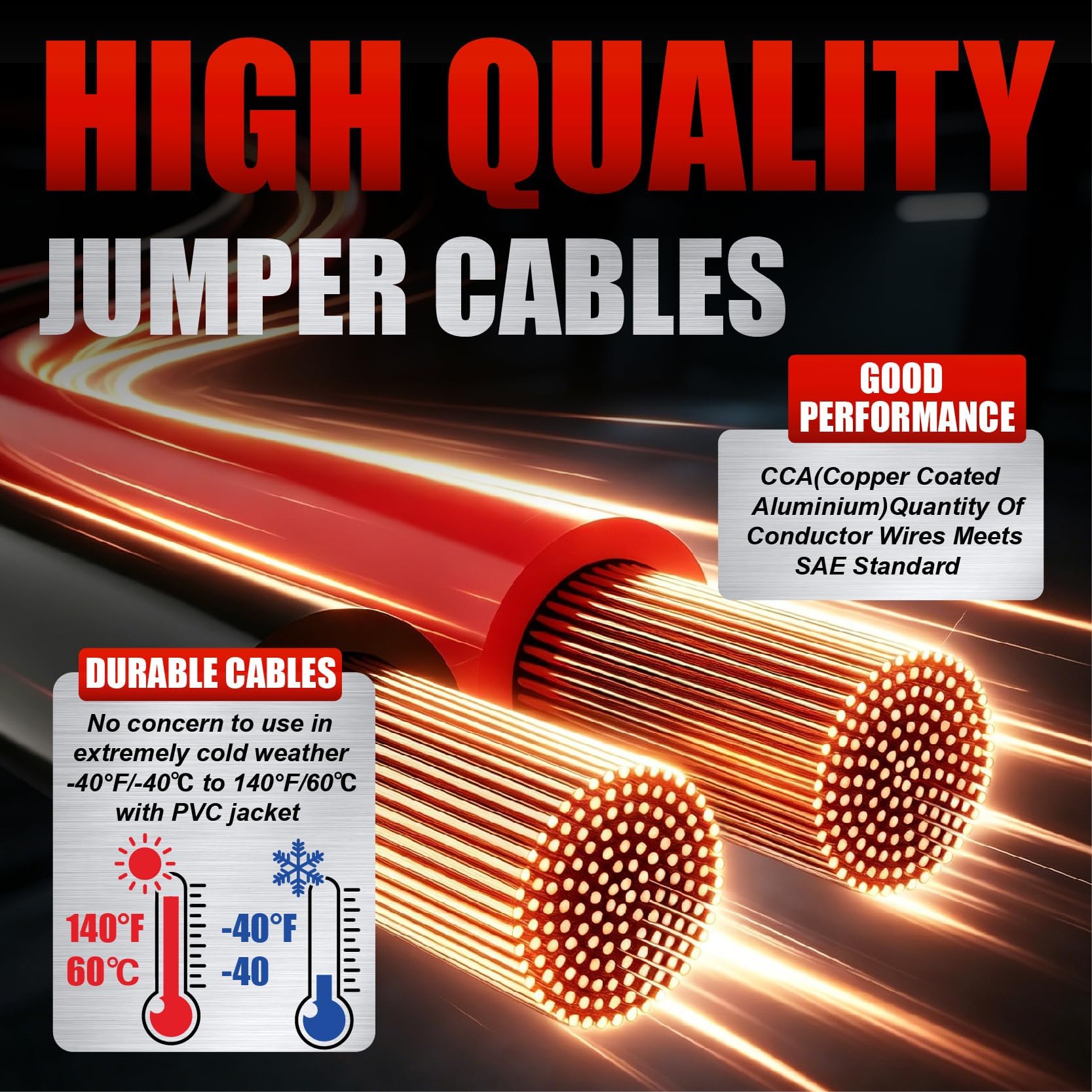 Jumper Cables Cables de Arranque de batería de Calibre 4 de 25 pies para Coche de -40.0 °C a 60.0 °C, Cables de Refuerzo Resistentes con Bolsa de Transporte, Guantes de Seguridad y Cepillo de