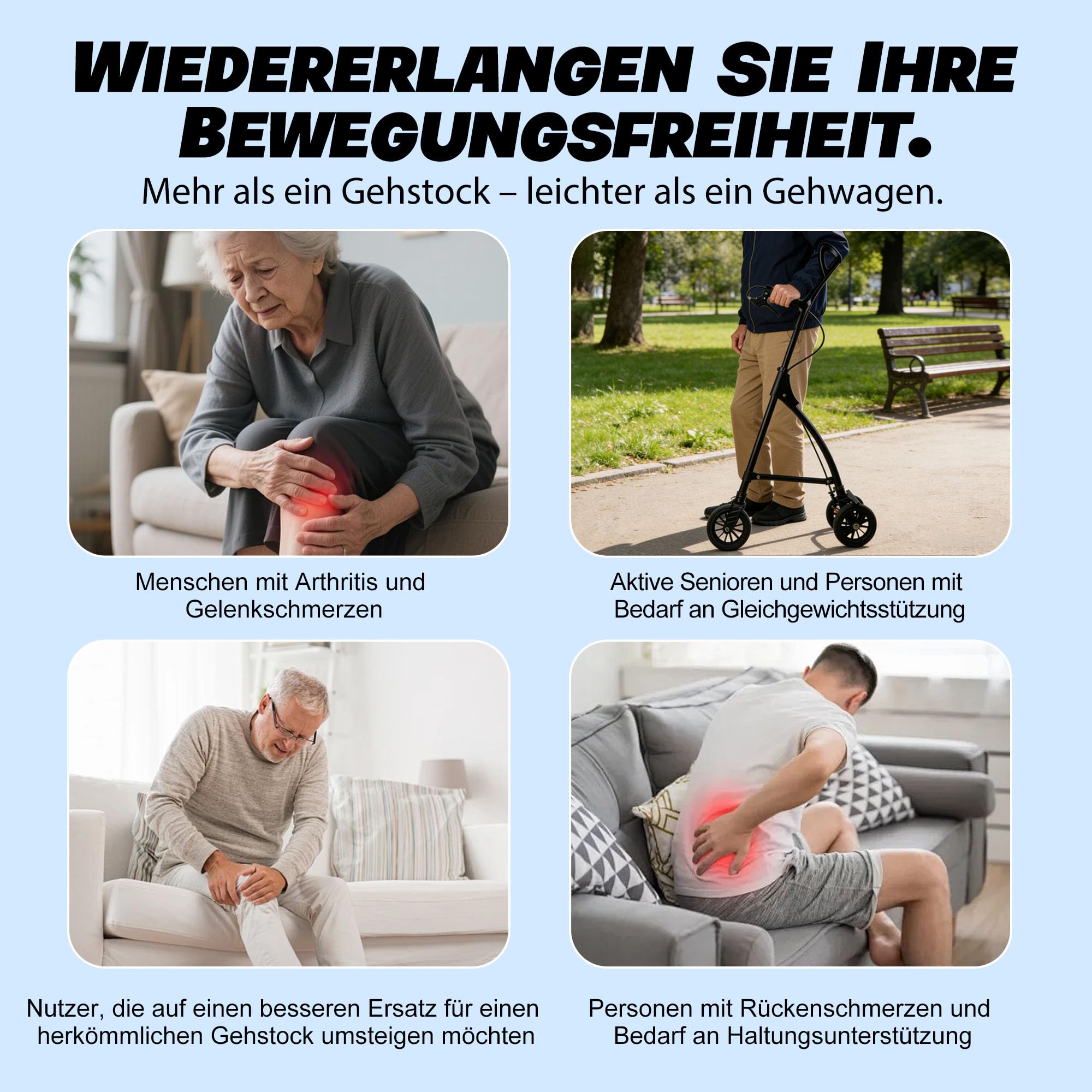 faltbarer Rollator mit 3 Rädern und Handbremsen ist leicht | Stabile Dreieckskonstruktion, höhenverstellbar, einfache Montage & Faltung, für Innen & Außen, Alu, 6-Zoll-Räder.
