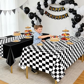 4Pcs Race Car Black White Checkered Tablecloths - 51 x 86.6 Green Purple Truck Theme Plastic Table Cover, Rectangular Monster Truck Table Decorations for Kids Baby Shower Birthday Party Supplies