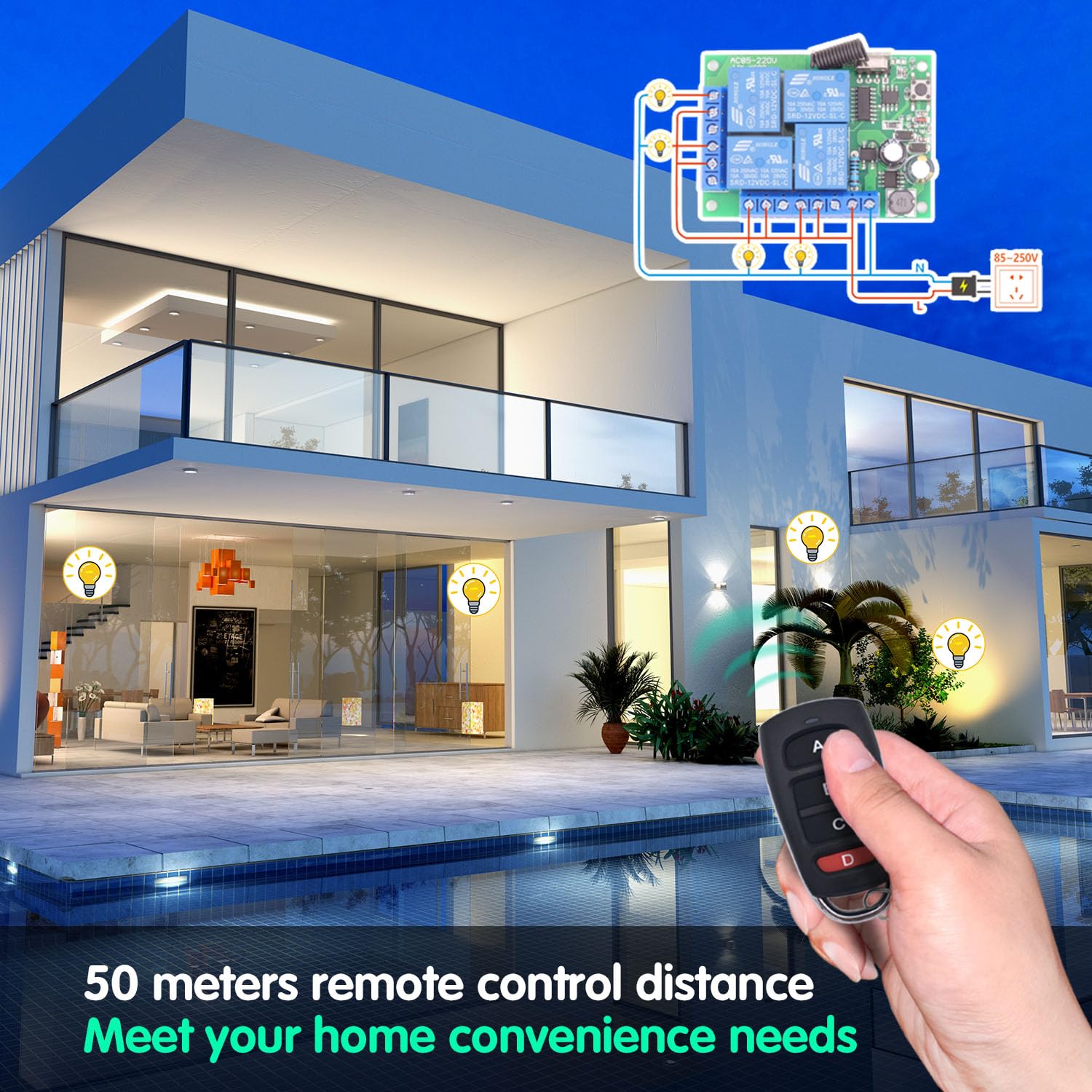 DieseRC Interrupteur de télécommande universel, récepteur de relais RF AC 230V/220V 10A 4CH 433Mhz avec 2 émetteurs pour moteur, porte de garage, lumière, rideau électrique, interrupteur de bricolage