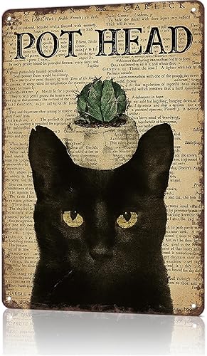 Vintage Metal Tin Sign Pot Head Cactus Black Cat Posters Wall Art for Dorm Home Office Room Decor 8X12inch