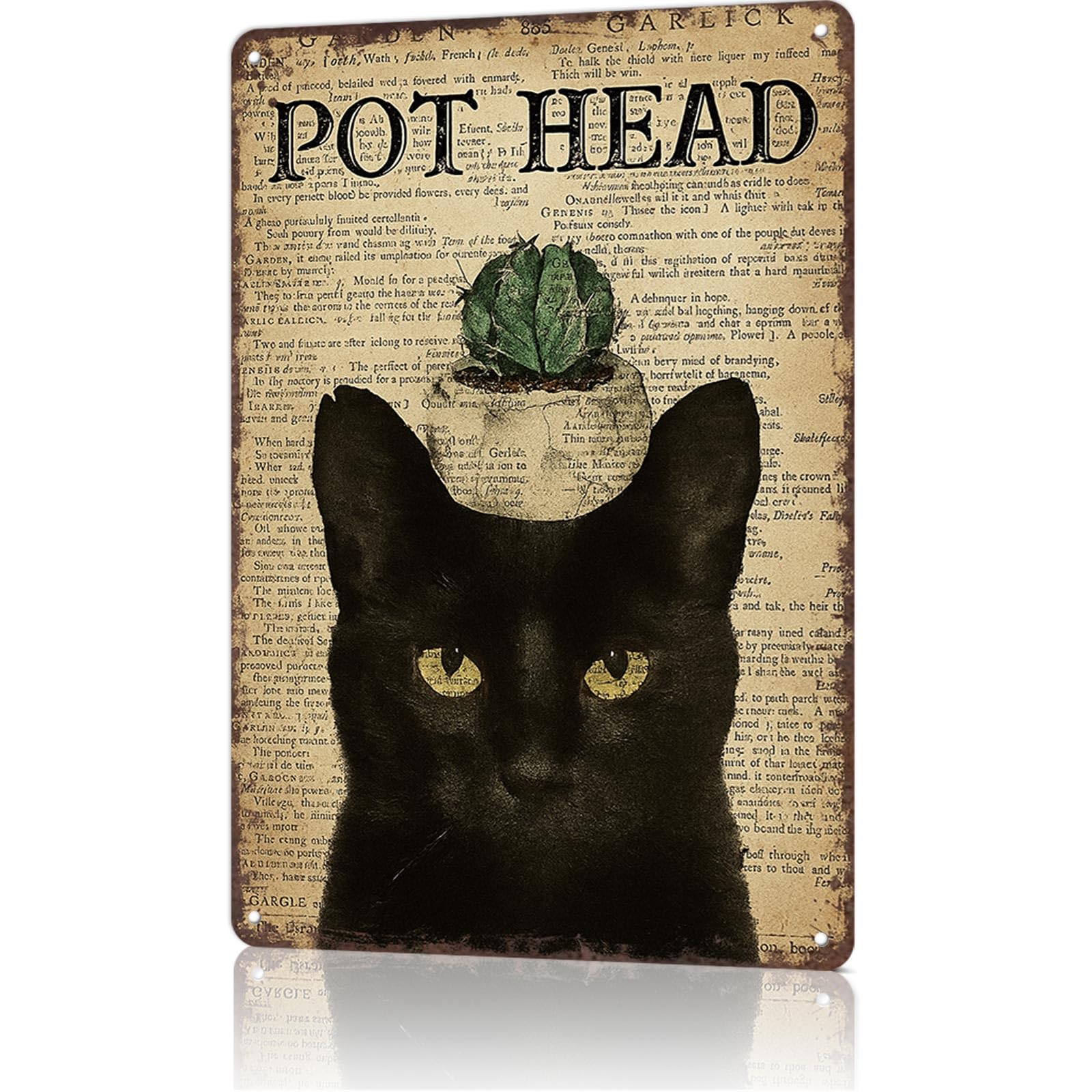 KWQDOZF Vintage Metal Tin Sign Pot Head Cactus Black Cat Posters Wall Art for Dorm Home Office Room Decor 8X12inch