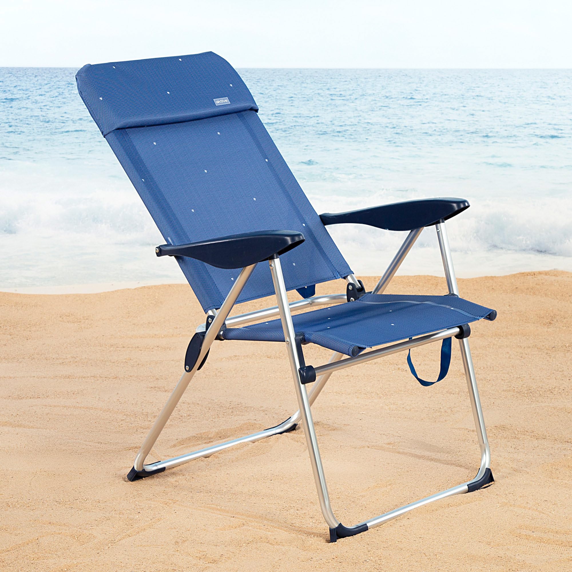 AKTIVE Lot de 2 chaises de Plage Pliantes, Aluminium et textilène, Dossier 4 Positions, Charge de 110 kg, poignées de Transport, Couleur Bleue, modèle La Palma (62414)
